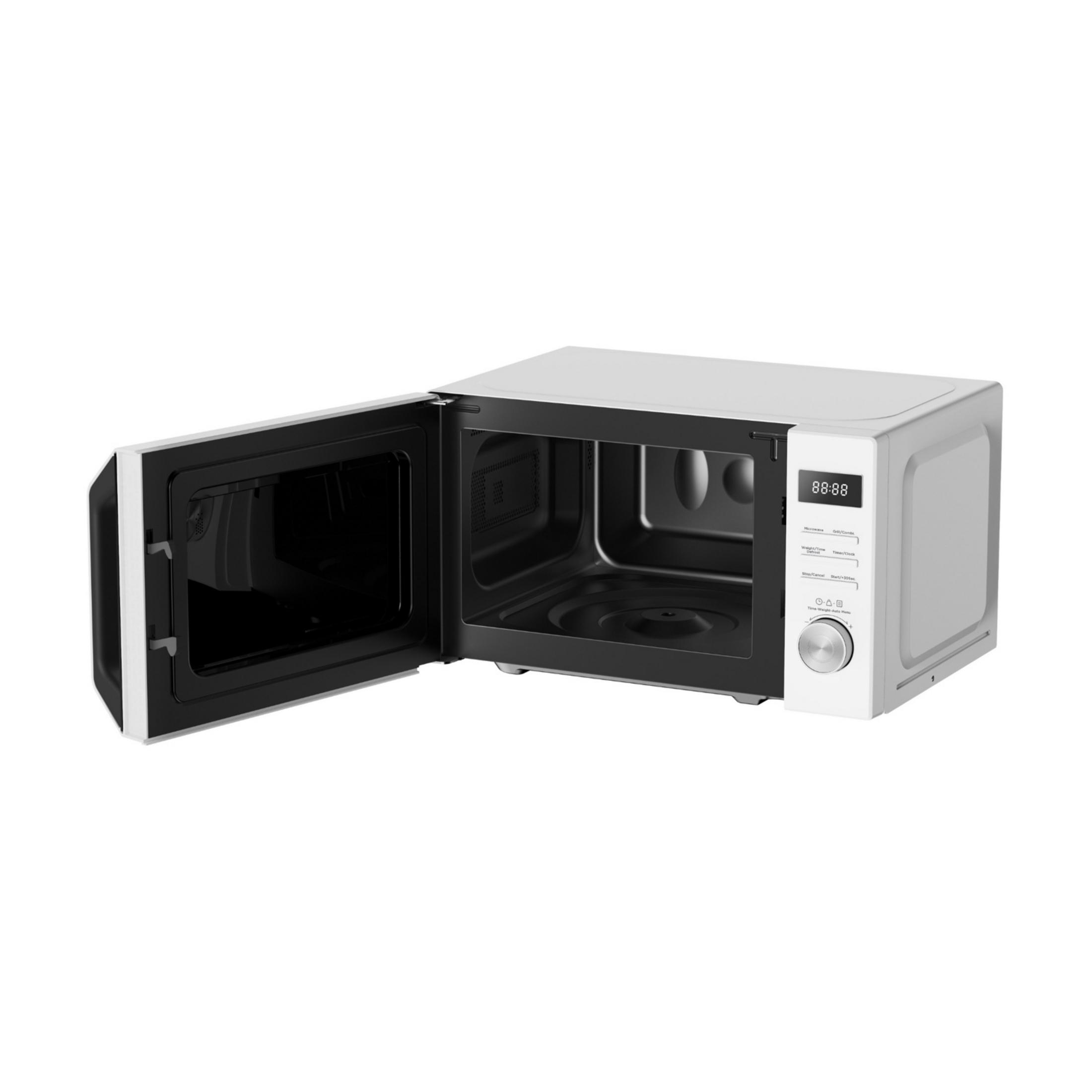 Un microondas blanco con la puerta abierta, mostrando el interior. La pantalla digital muestra 88:88.