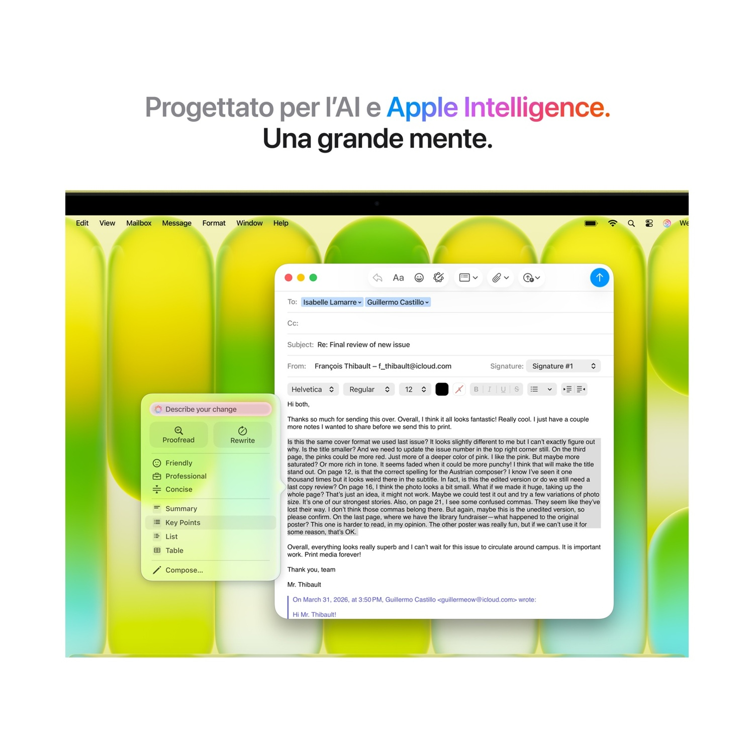 Finestra email con opzioni di modifica testo, sfondo stile neon.