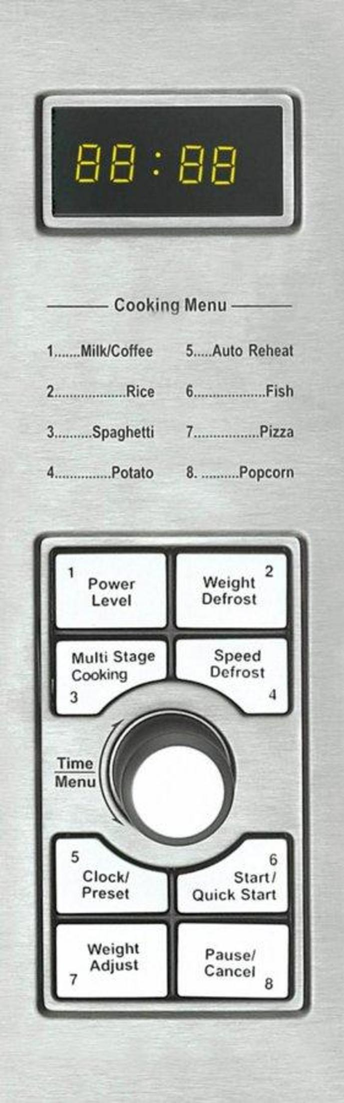 Panel de control de microondas de acero inoxidable con pantalla digital, opciones de menú y botones.