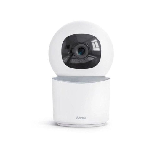 Una telecamera di sicurezza Hama bianca con obiettivo nero e superficie riflettente.
