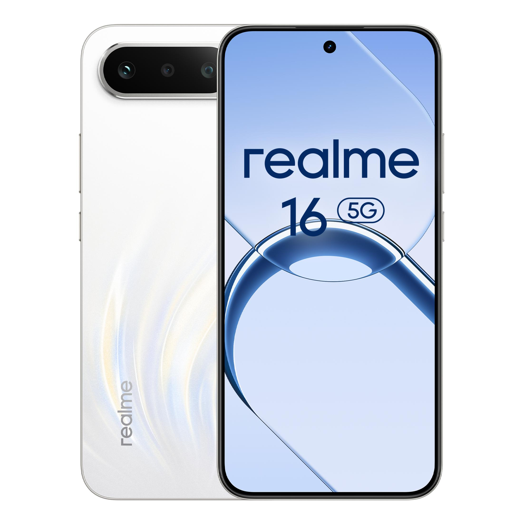 Uno smartphone Realme bianco con 16 5G sullo schermo.