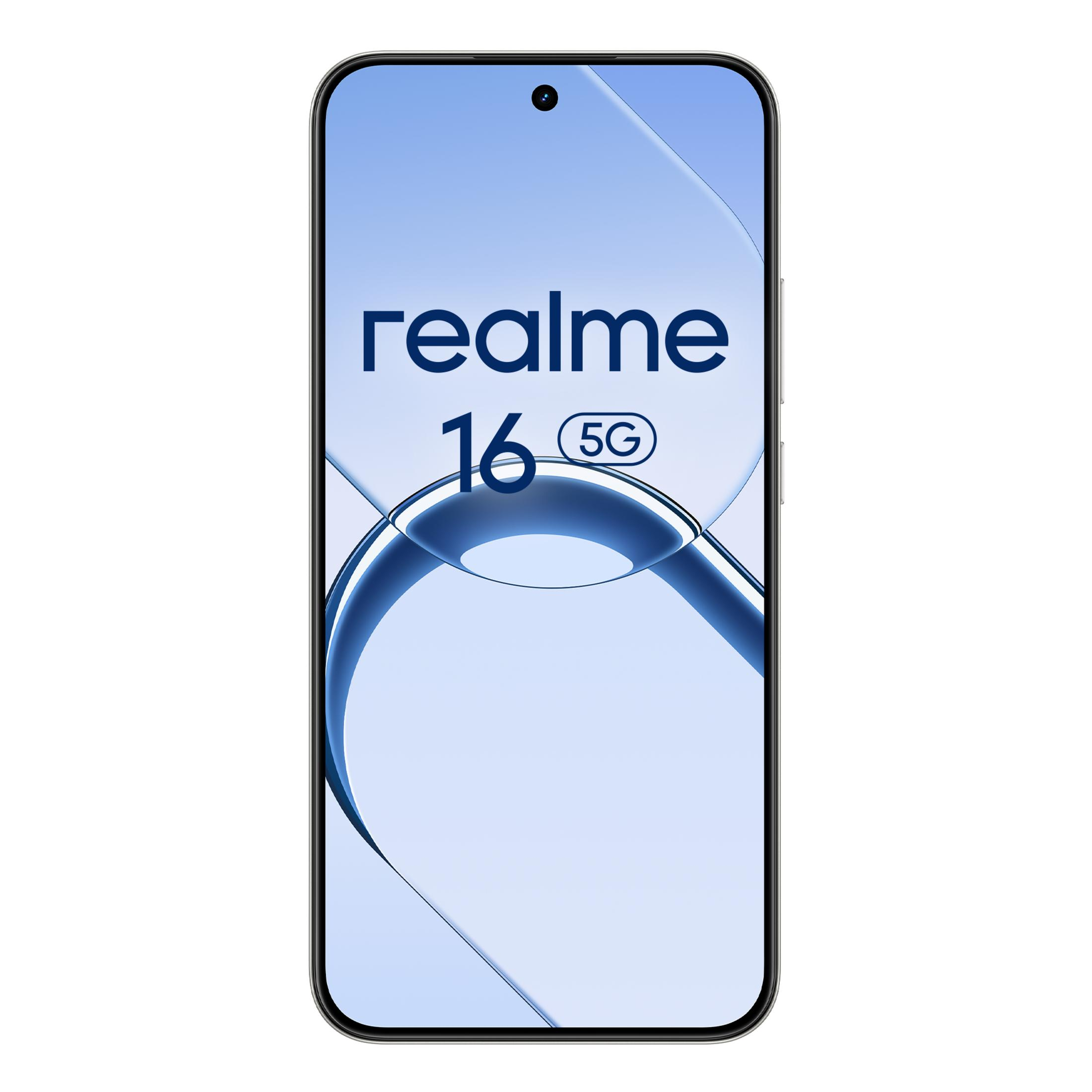 Uno smartphone Realme 16 5G con sfondo blu e design circolare.