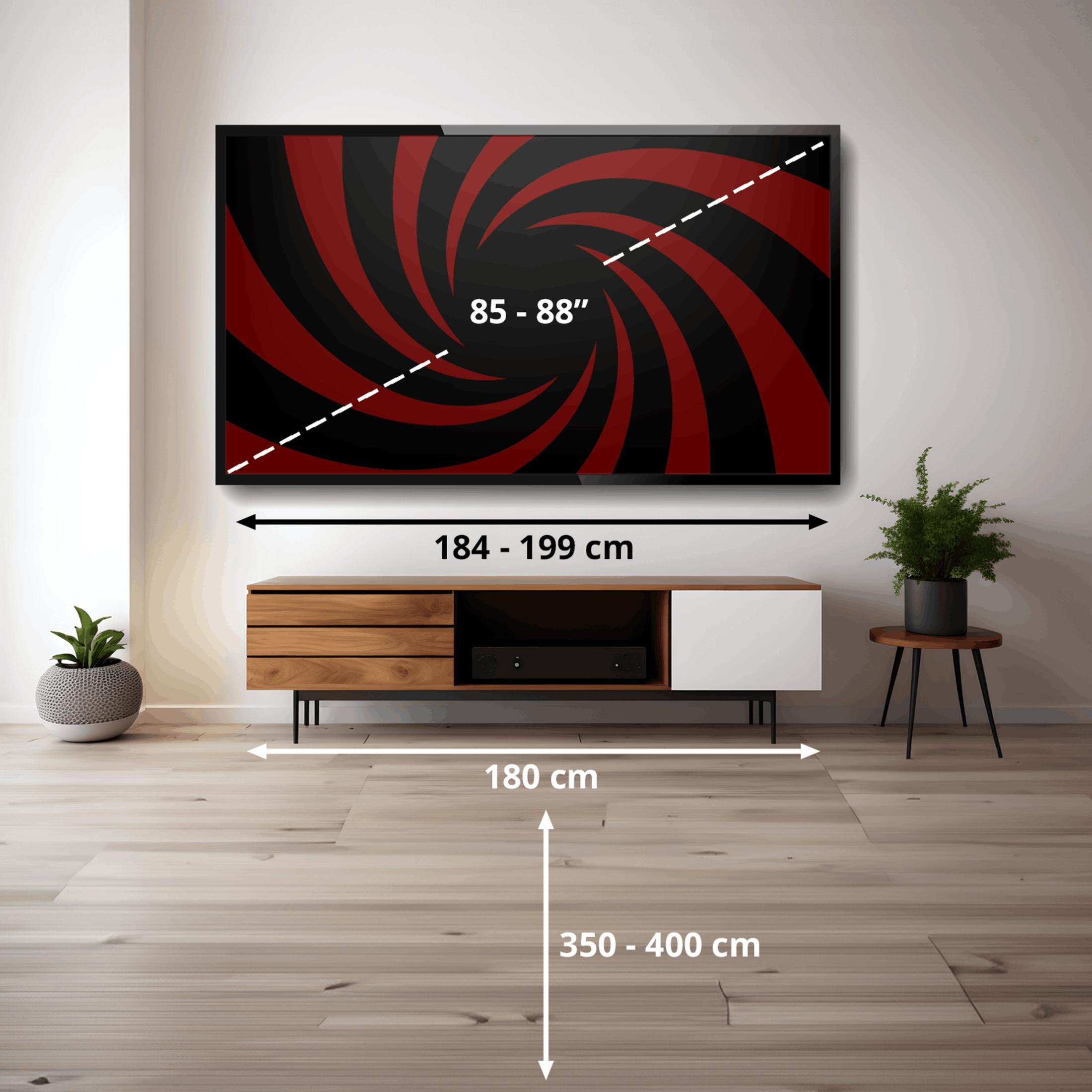 Grande TV con motivo a vortice rosso appesa sopra mobile. Dimensioni mostrate.