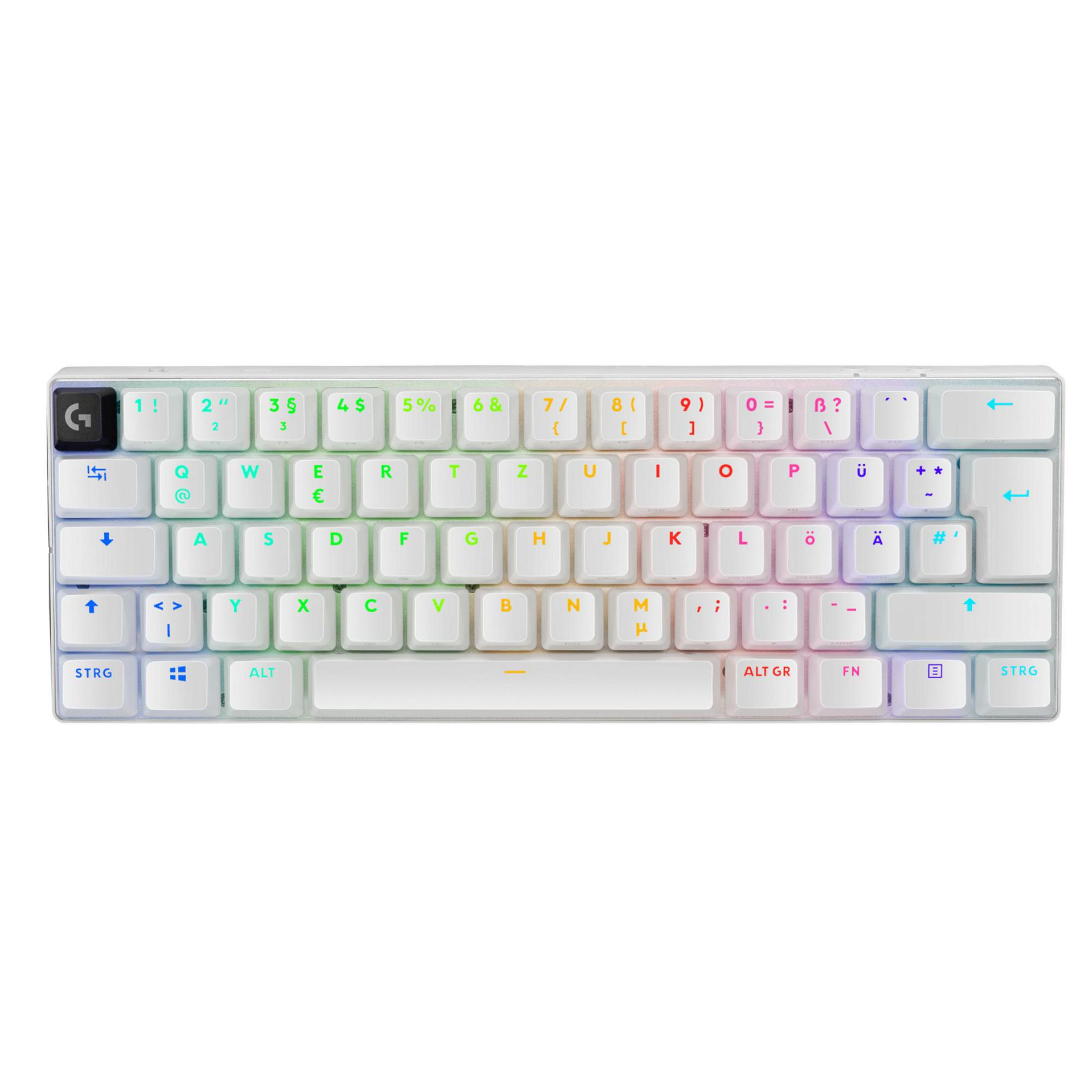 Una tastiera gaming compatta bianca con illuminazione RGB e tasti tedeschi.