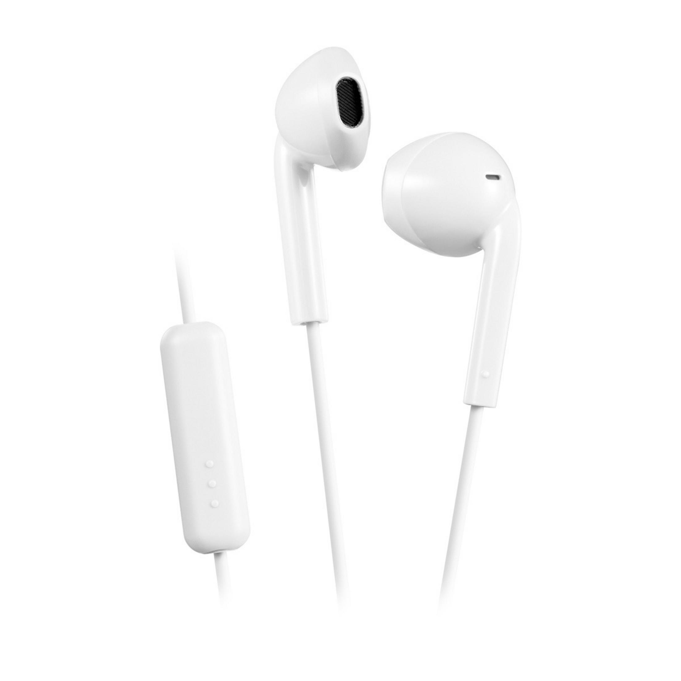 Auricolari bianchi con telecomando in linea su sfondo bianco.
