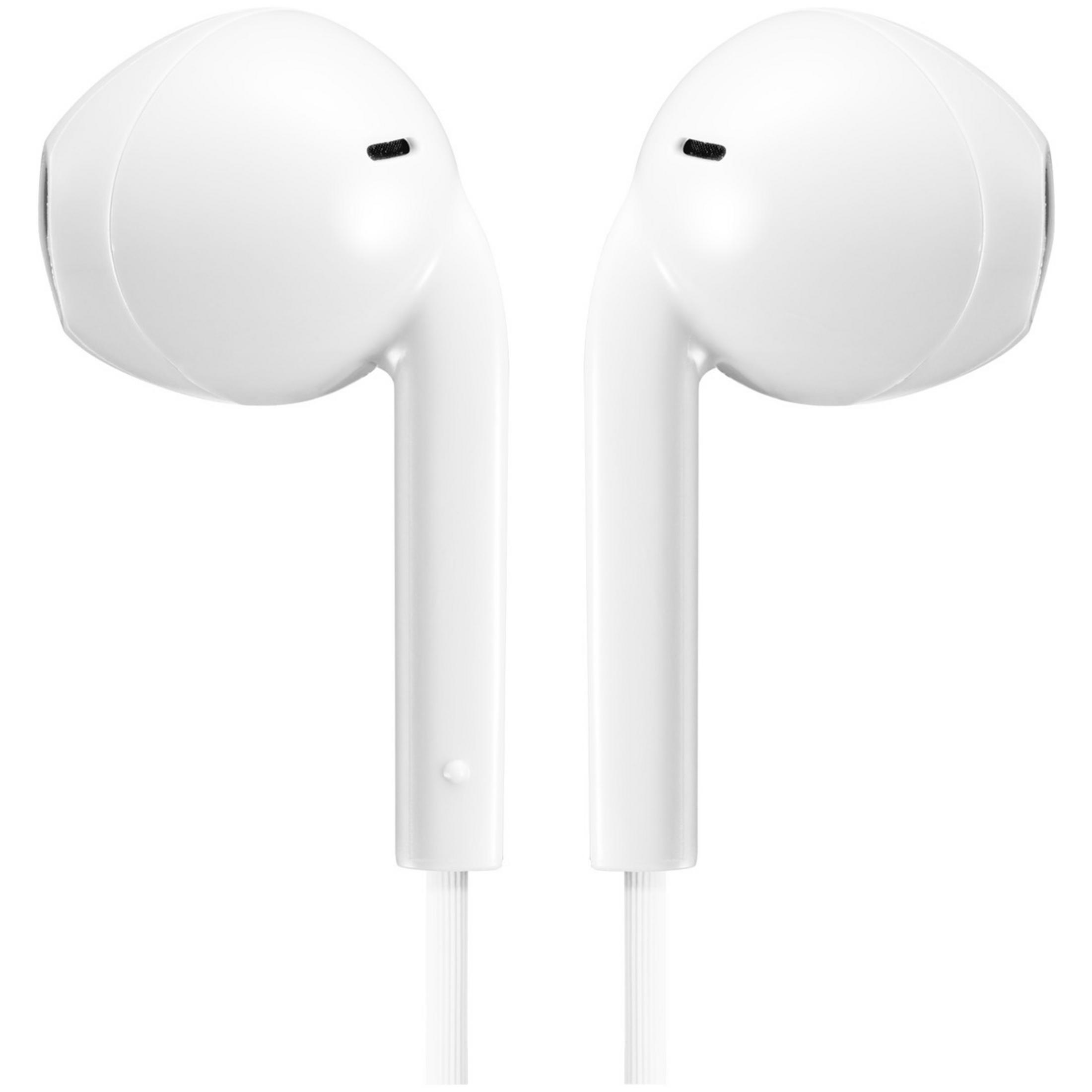 Due auricolari bianchi con filo, isolati su sfondo bianco.