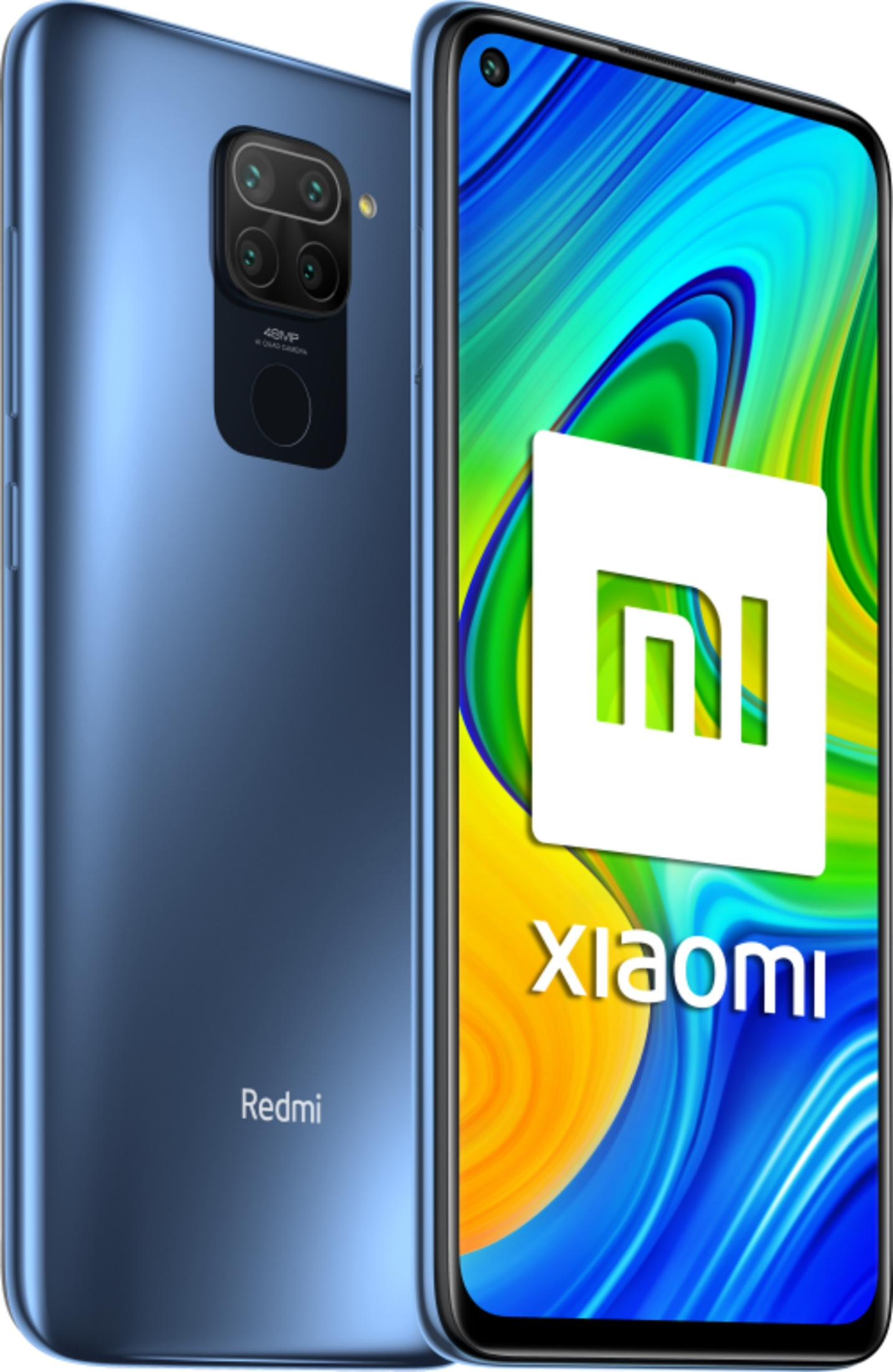 Ein blaues Xiaomi Redmi Smartphone mit vier Kameras auf der Rückseite.