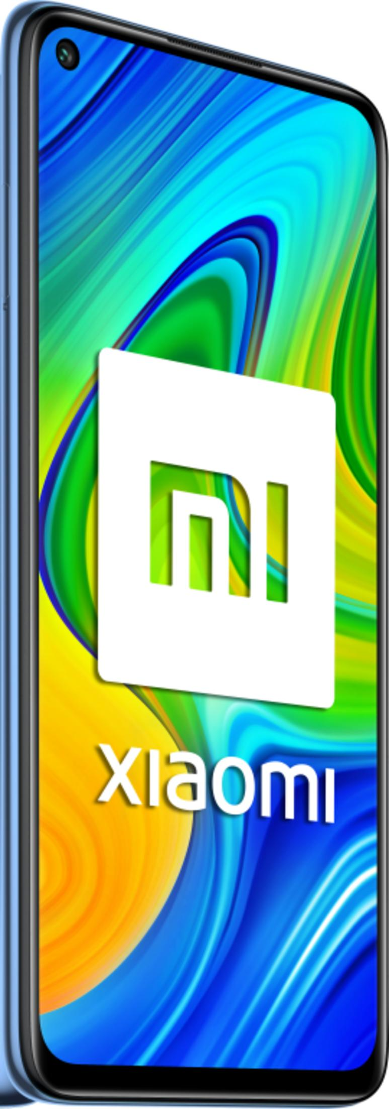 Ein blaues Smartphone mit dem Xiaomi-Logo und einem bunten Hintergrund.