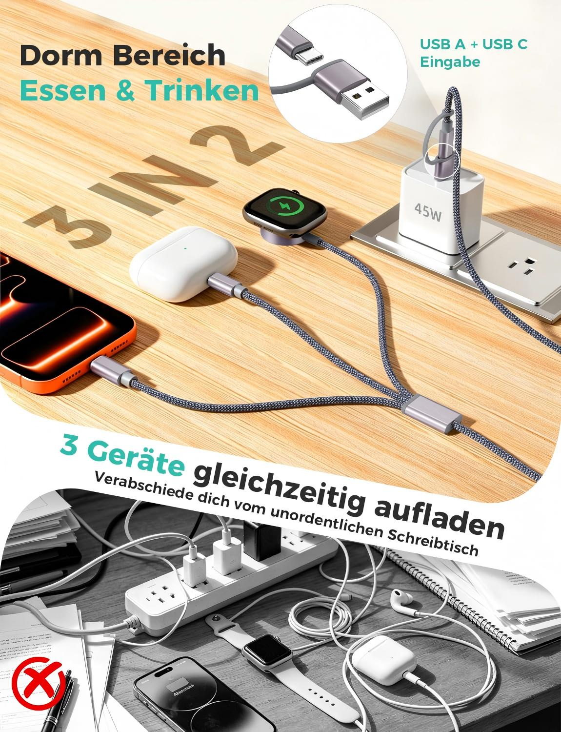 Eine 3-in-1-Ladestation zum Laden von Handy, Uhr und Ohrhörern. Zeigt auch eine Steckdosenleiste.