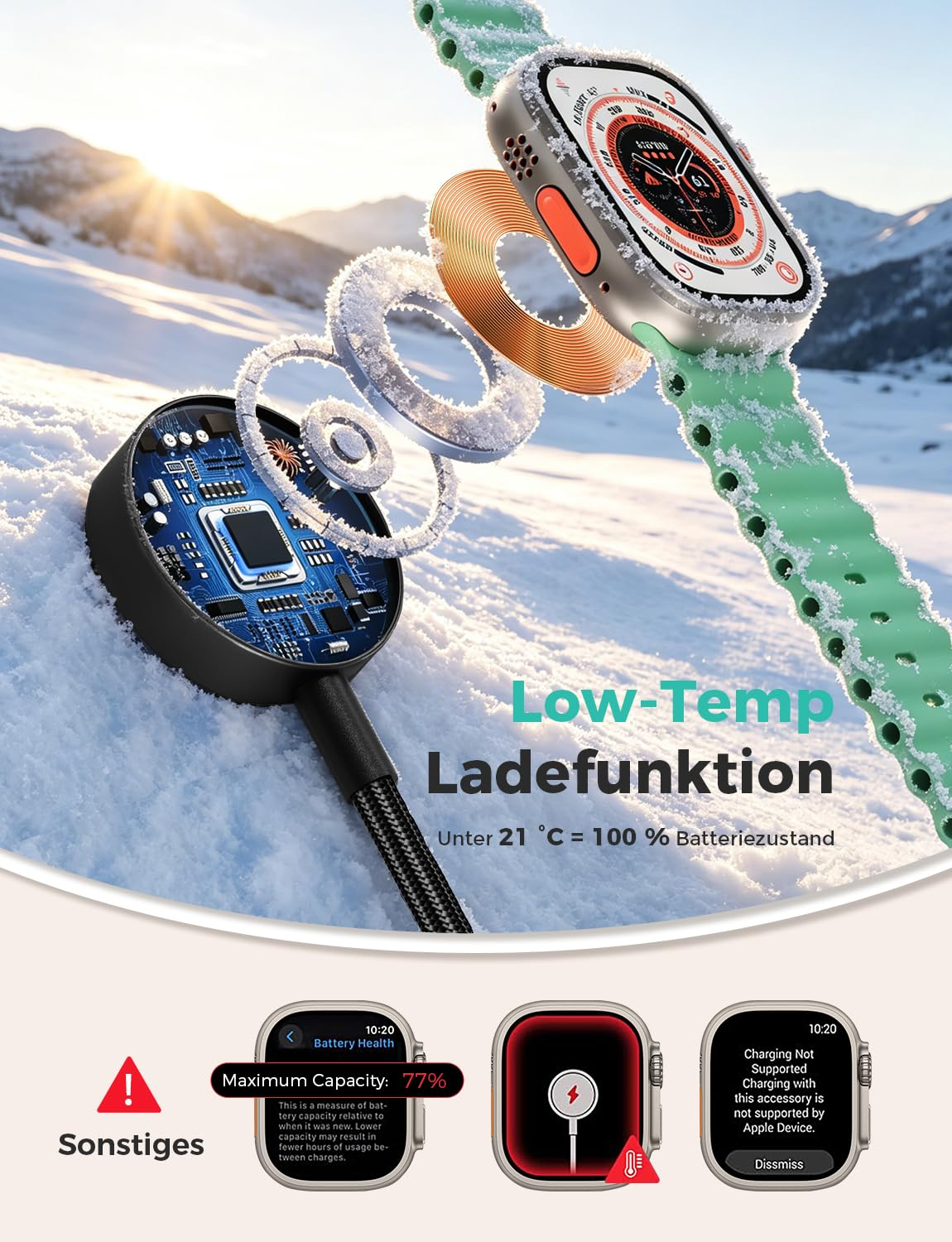 Smartwatch-Ladegerät mit Spulen im Schnee. Zeigt niedrige Temperatur Ladefunktion.