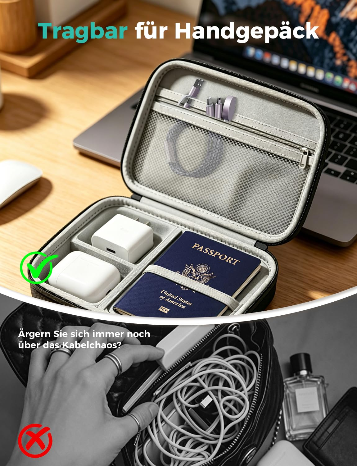 Eine offene Tasche mit Elektronikzubehör wie Kopfhörern, Ladegeräten und einem Reisepass.