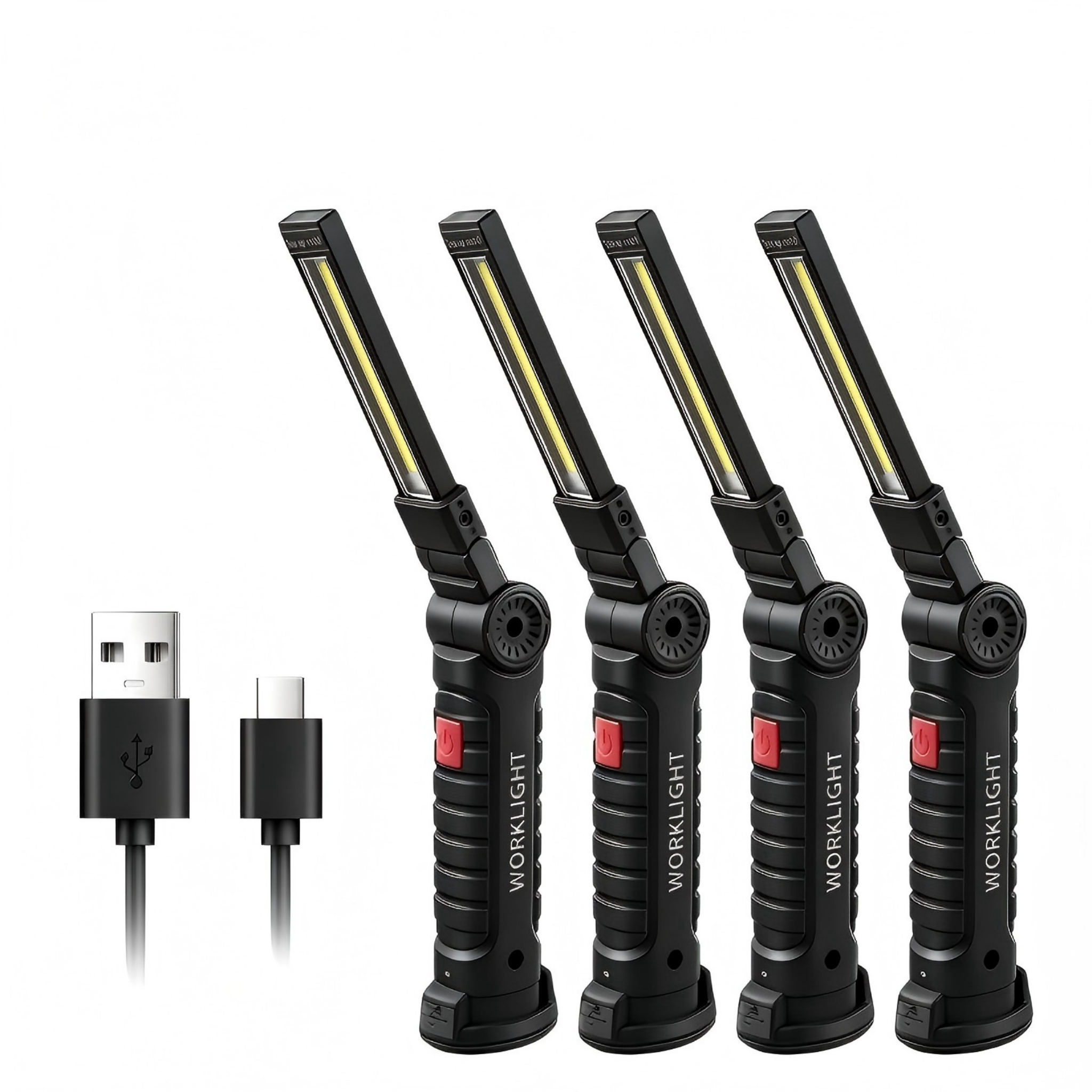 Vier schwarze Arbeitsleuchten mit LED-Streifen, ein USB-A-Kabel und ein USB-C-Kabel.