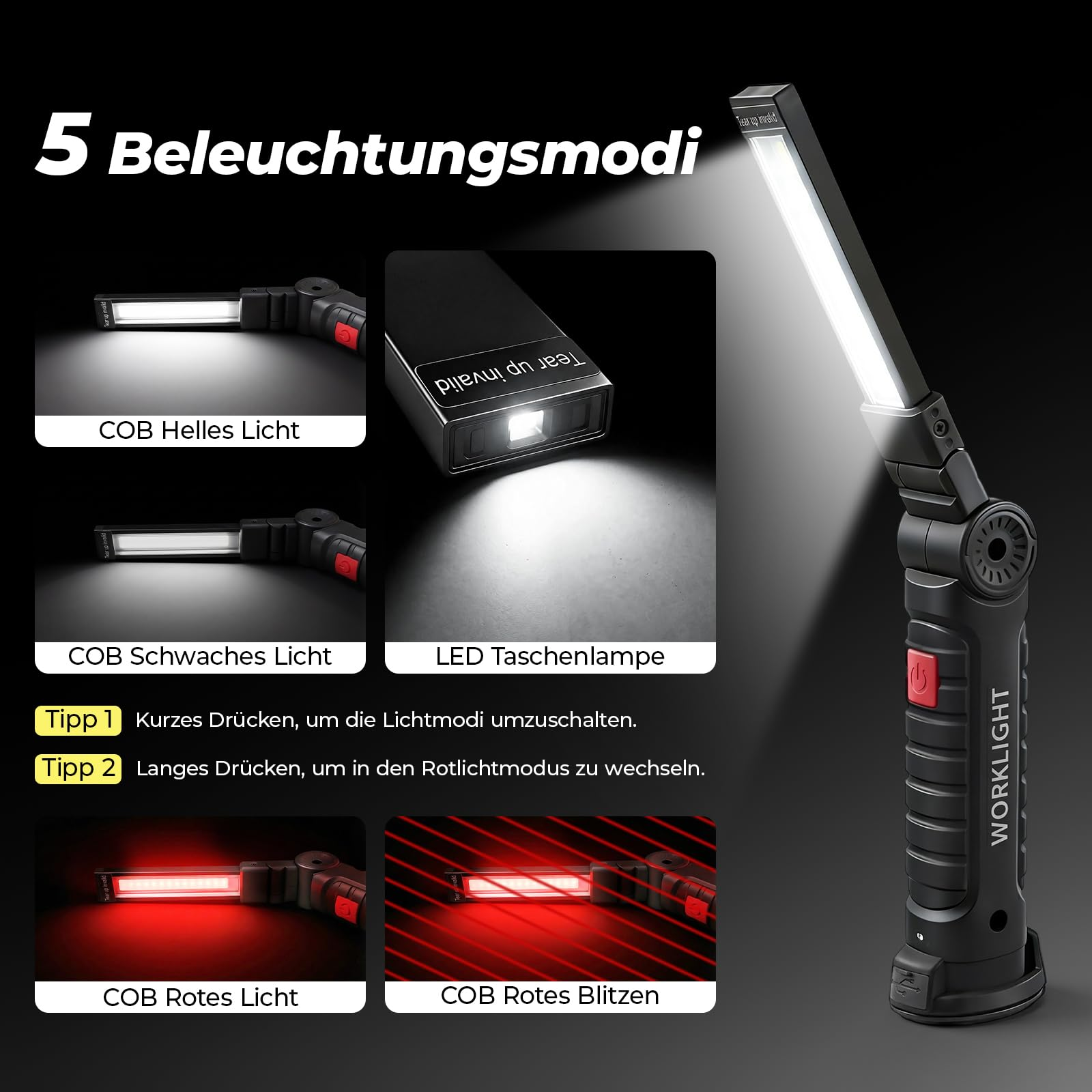 Ein schwarzes Arbeitslicht mit fünf Beleuchtungsmodi: helles COB, schwaches COB, LED, rotes COB, rotes COB-Blinklicht.