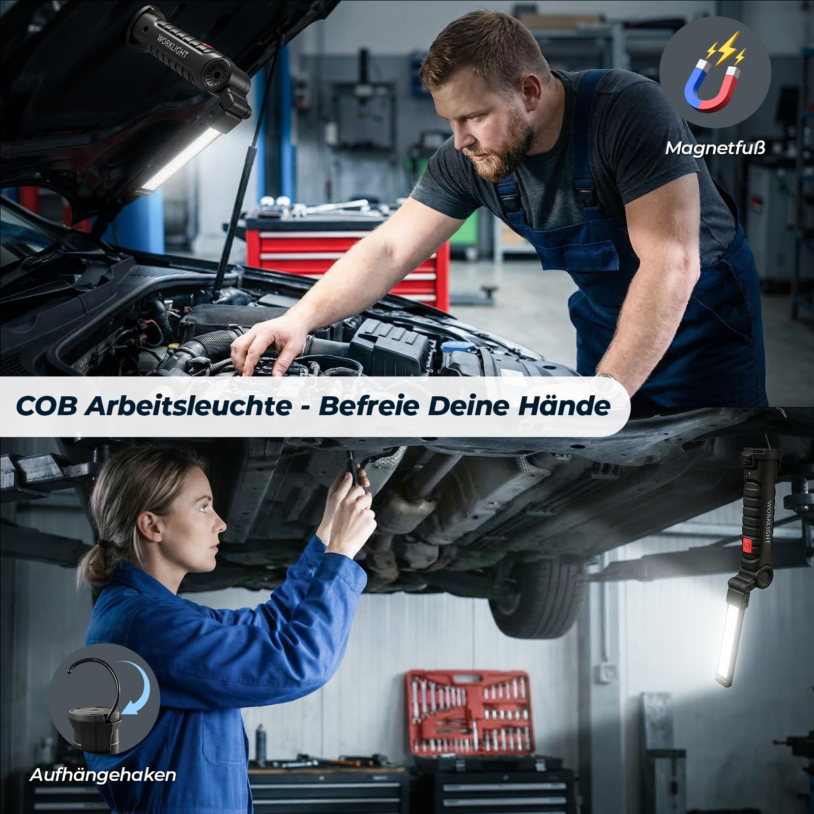 Mechaniker reparieren Auto. Eine Lampe leuchtet den Motor an, eine andere den Unterboden.