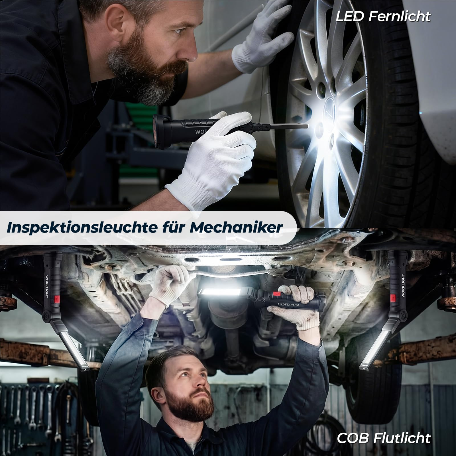 Mechaniker inspiziert Autorad mit Taschenlampe & arbeitet unter Auto mit Arbeitsleuchten.