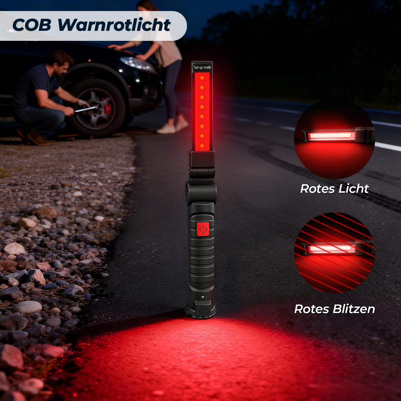 Warnlicht leuchtet rot neben Auto mit Reifenwechsel.