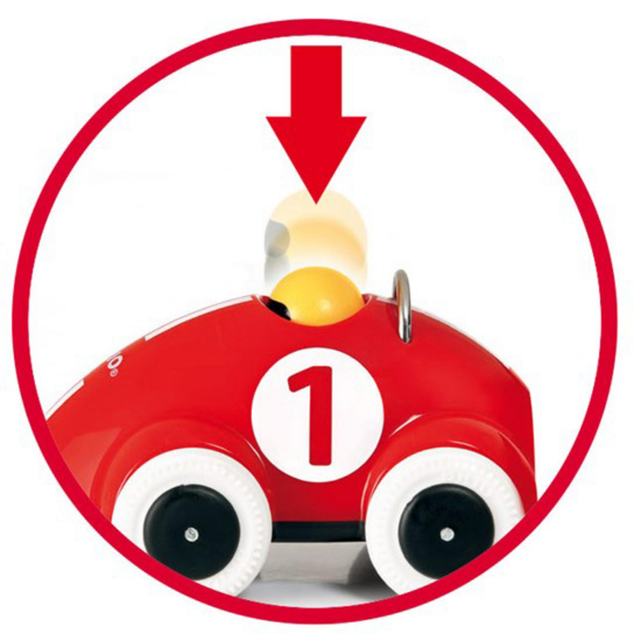 Rotes Spielzeugauto mit Nummer 1 und rotem Pfeil von oben.