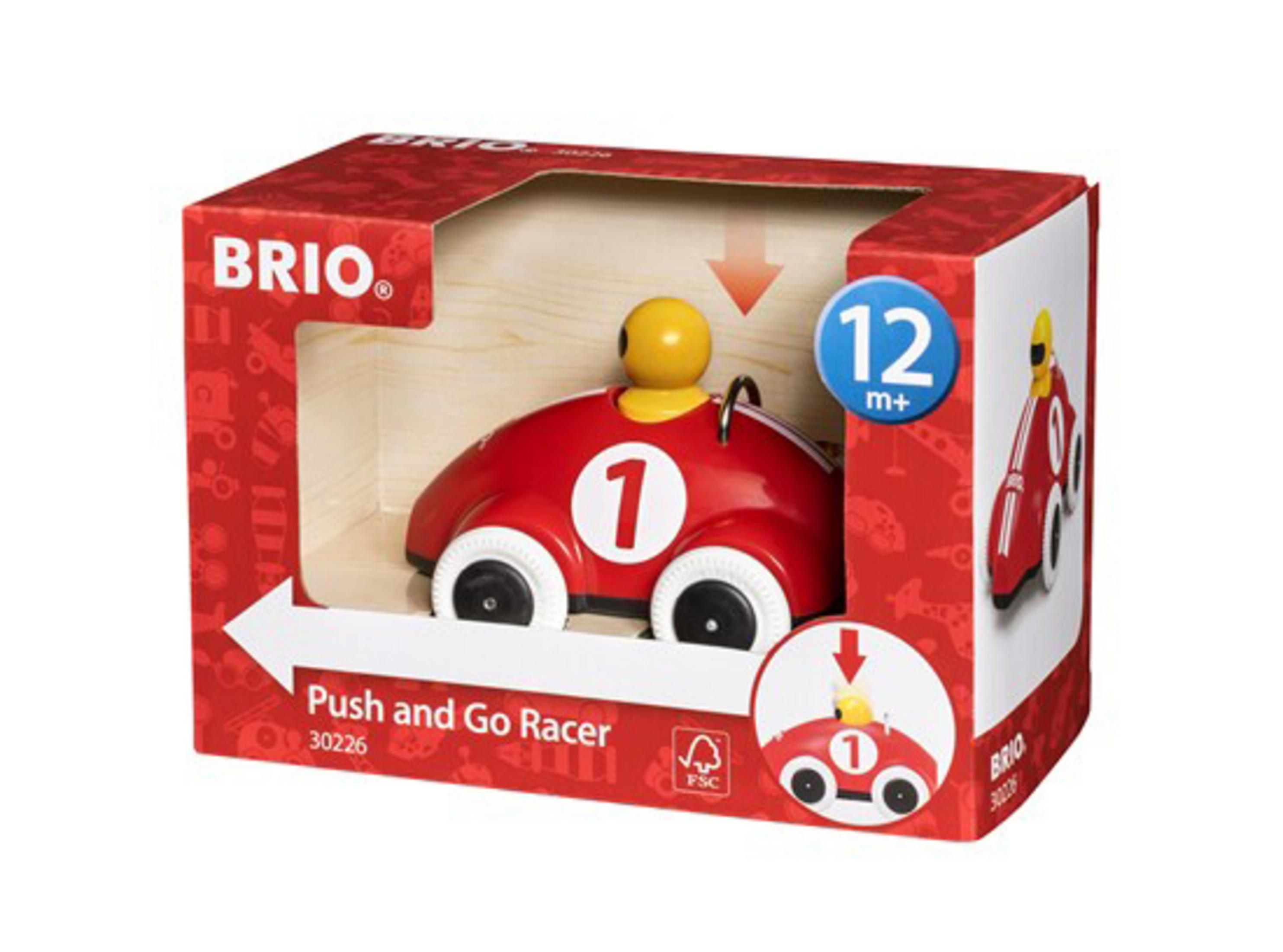 Roter BRIO Push and Go Racer Spielzeug mit Nummer 1 an der Seite, im Karton.