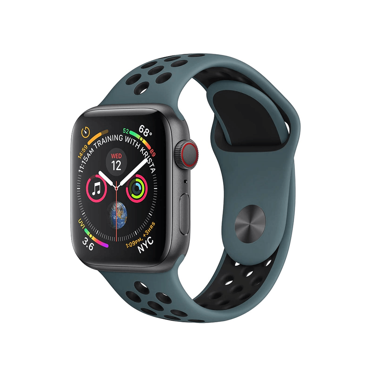 Un Apple Watch gris con correa verde azulada perforada.