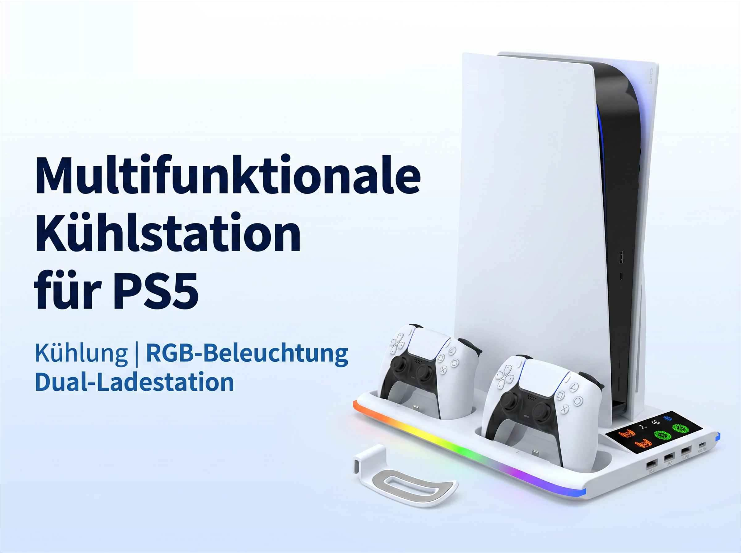 PS5 Kühlstation mit Ladefunktion, RGB und zwei Controllern.