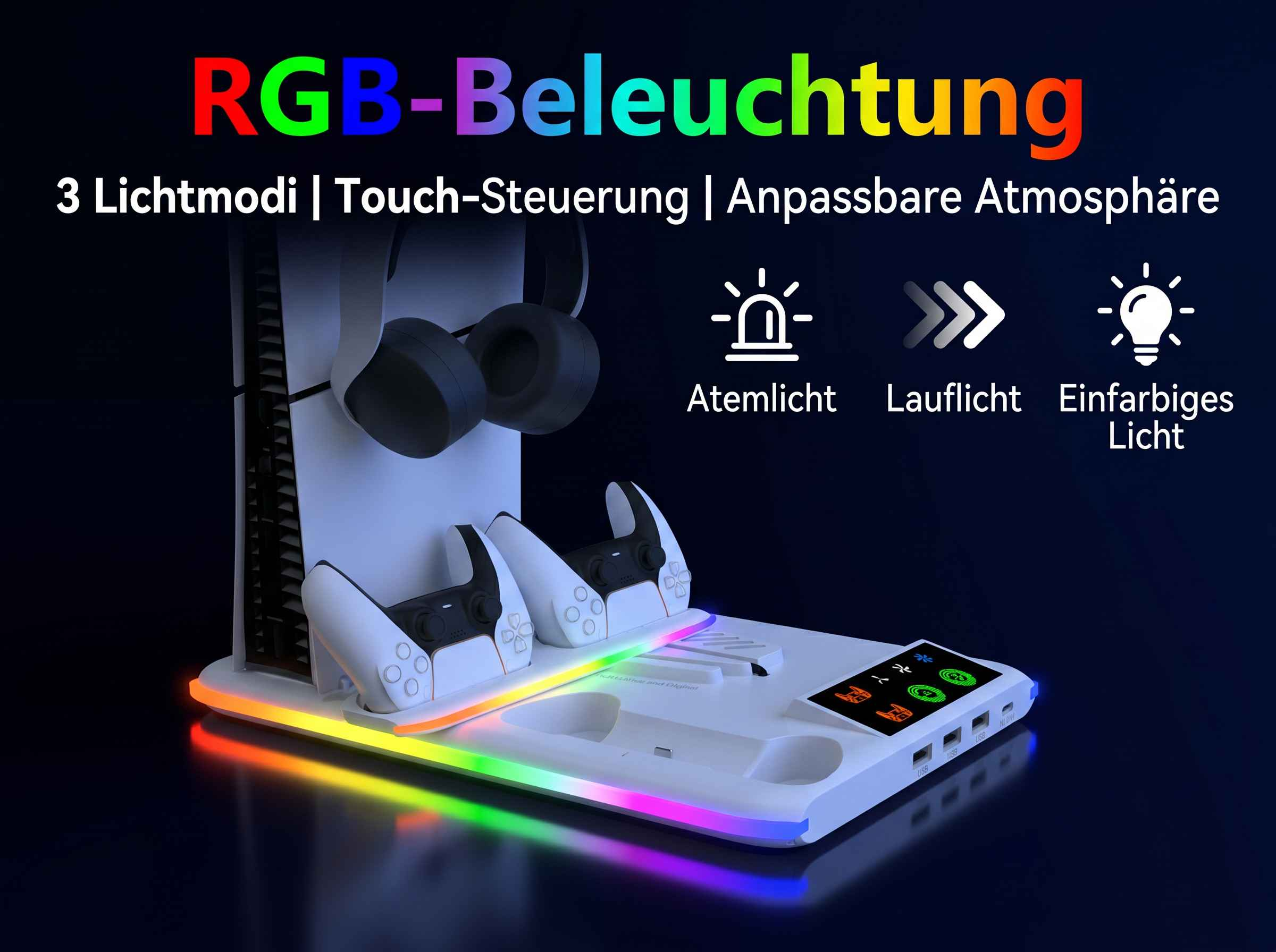 Eine weiße Ladestation mit RGB-Beleuchtung, zwei Controllern und Kopfhörern.