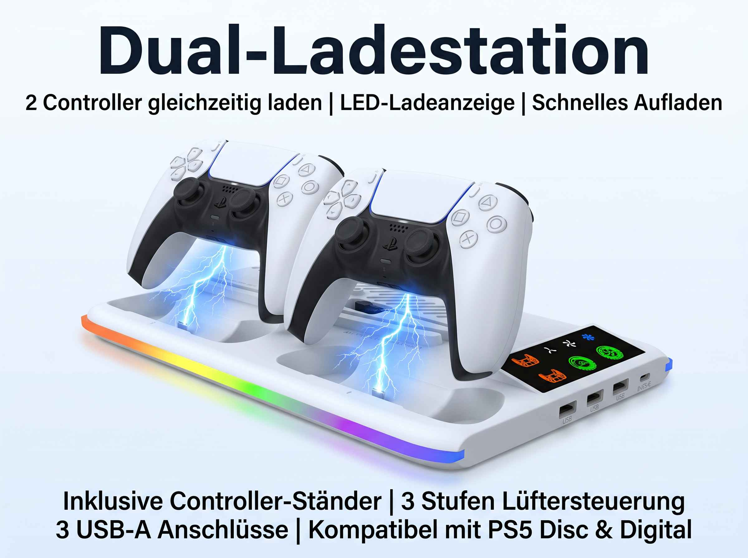 Dual-Ladestation mit zwei Controllern, LED-Anzeige und USB-Anschlüssen.