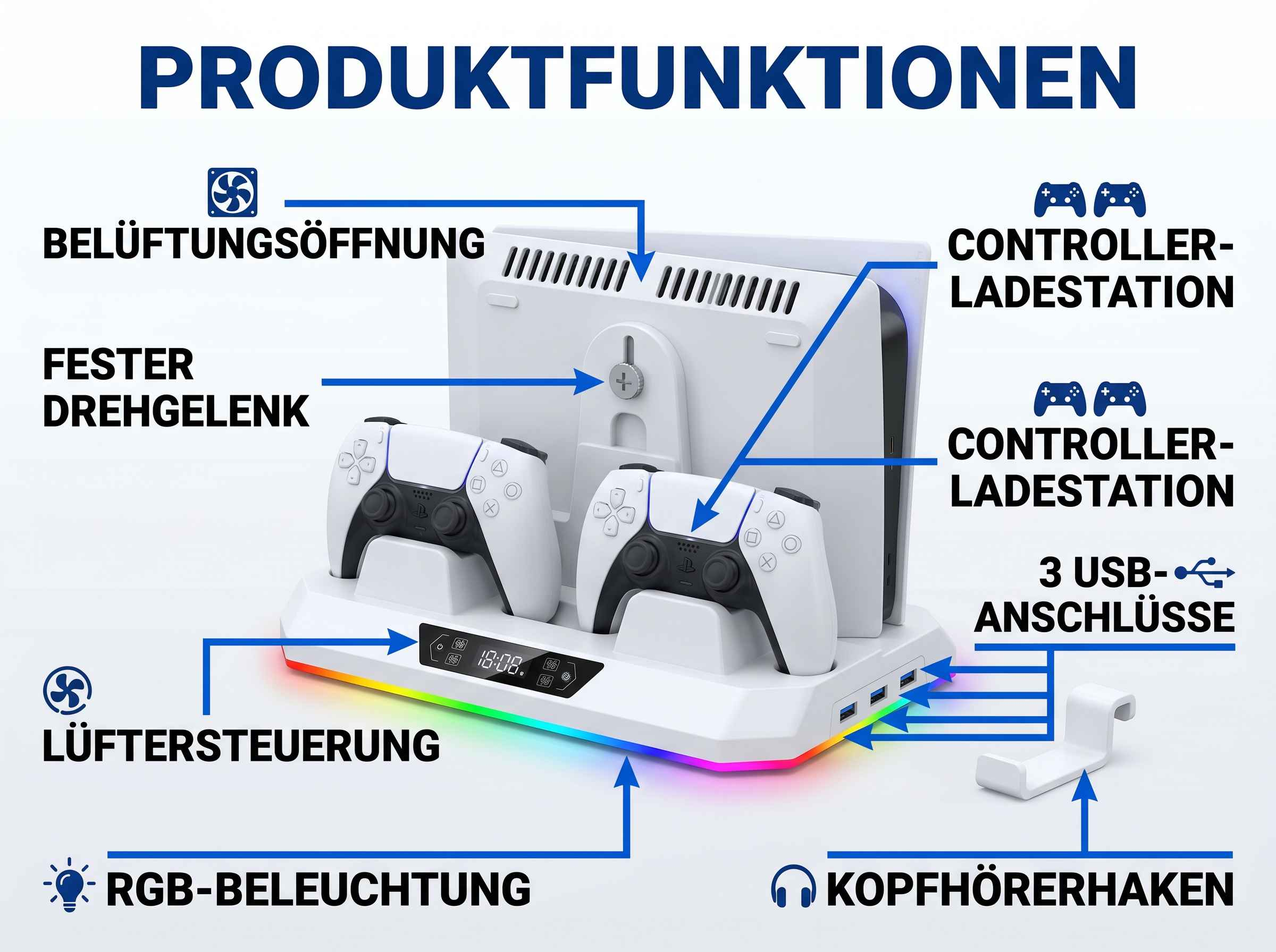 Weiße Ladestation für Controller mit Lüftungsöffnungen, RGB-Beleuchtung, USB-Anschlüssen.