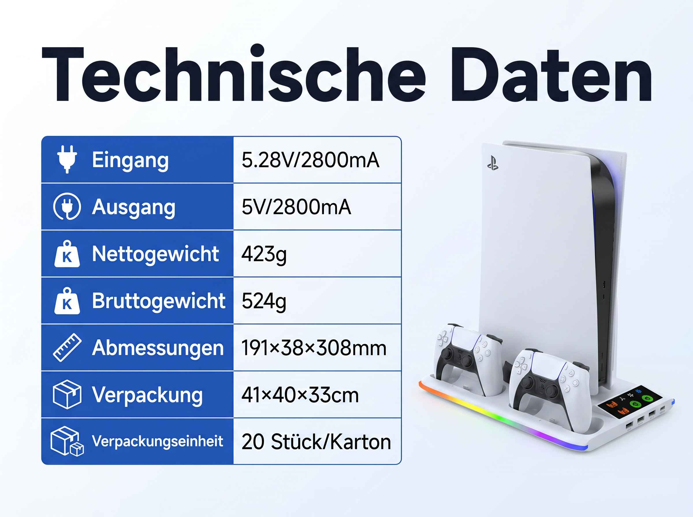 Technische Daten einer Konsole mit Controllern, Ladestation und Spezifikationen.