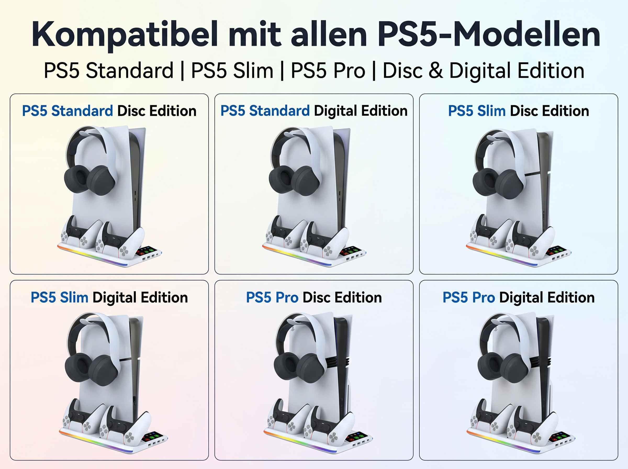 PS5-Konsolenhalterung mit Kopfhörern und Controllern, verschiedene Modelle.