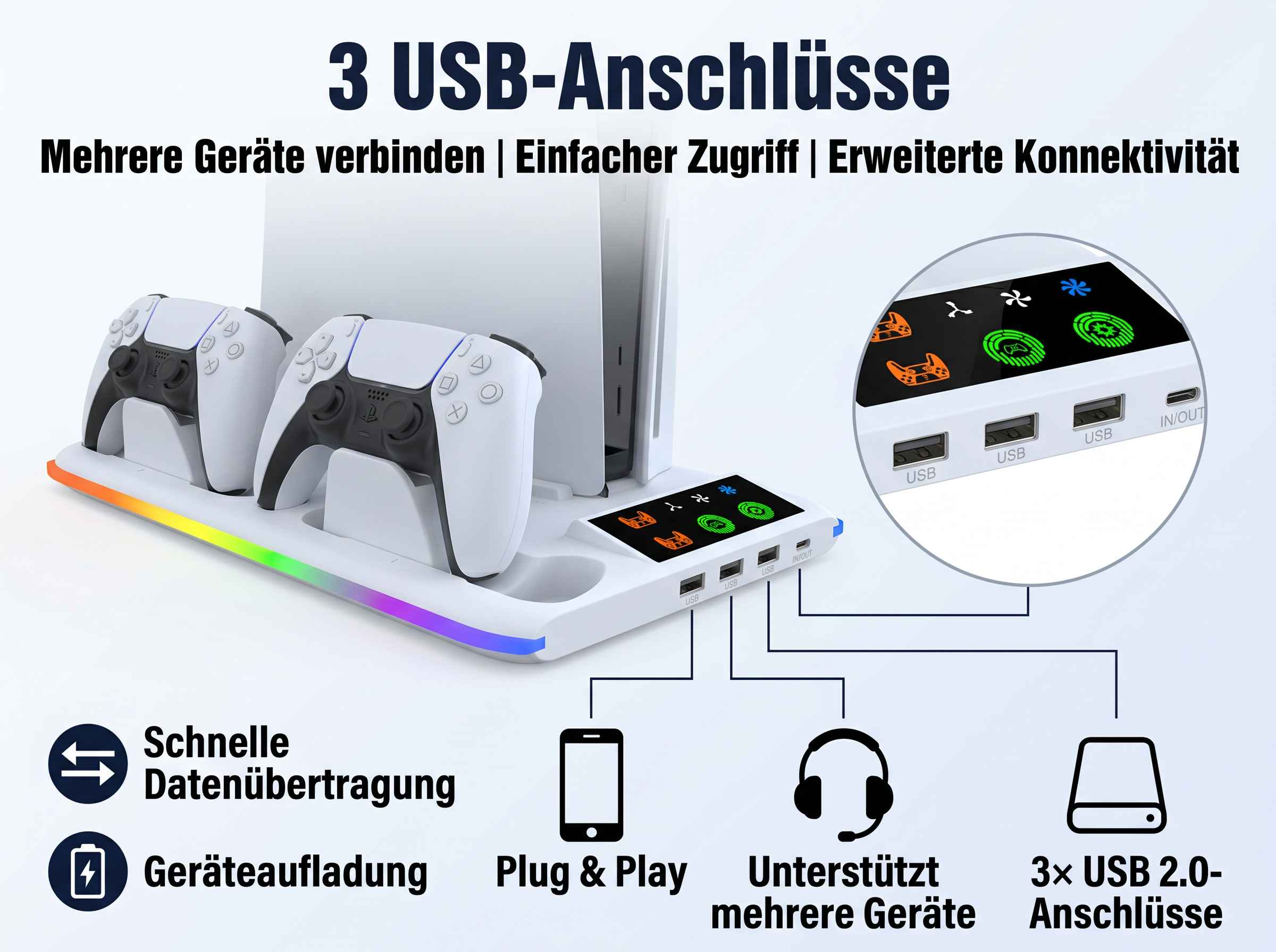 Weiße Ladestation für Controller mit RGB-Beleuchtung und USB-Anschlüssen.