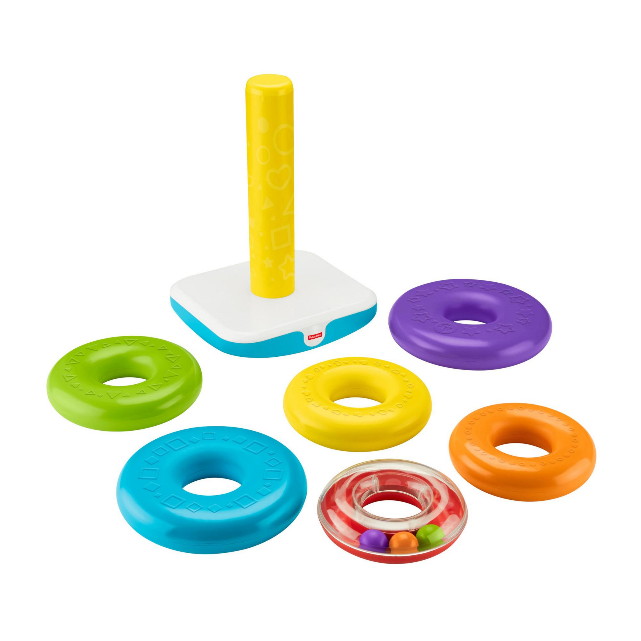 Bunter Stapelring-Spielzeug mit gelbem Stab und verschiedenen Ringen.