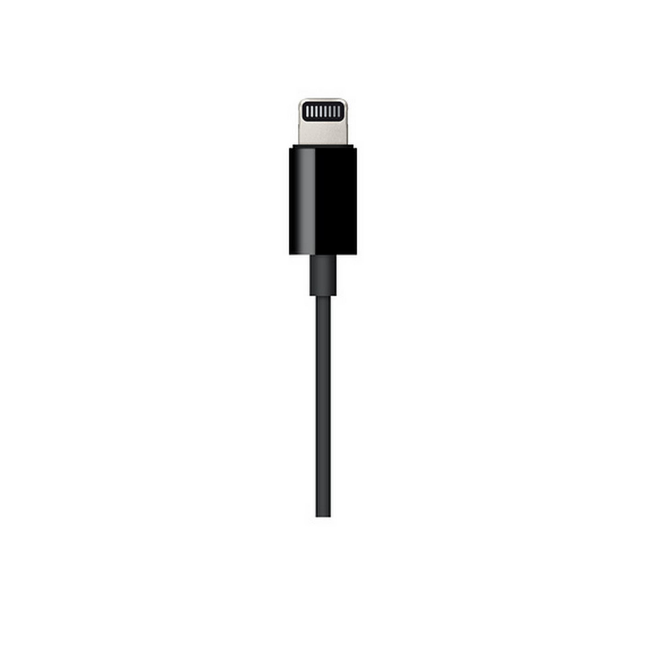 Un connettore Lightning nero con cavo su sfondo bianco.