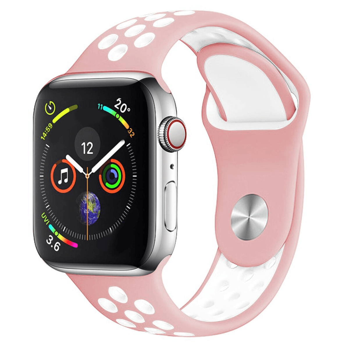 Un reloj inteligente rosa con carcasa plateada y correa perforada.