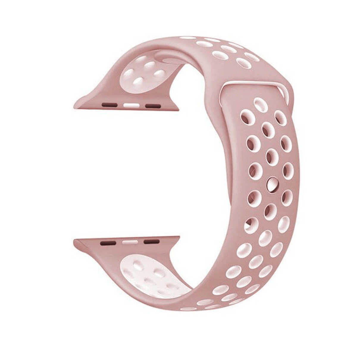 Una correa de reloj rosa polvorienta con muchos agujeros pequeños.