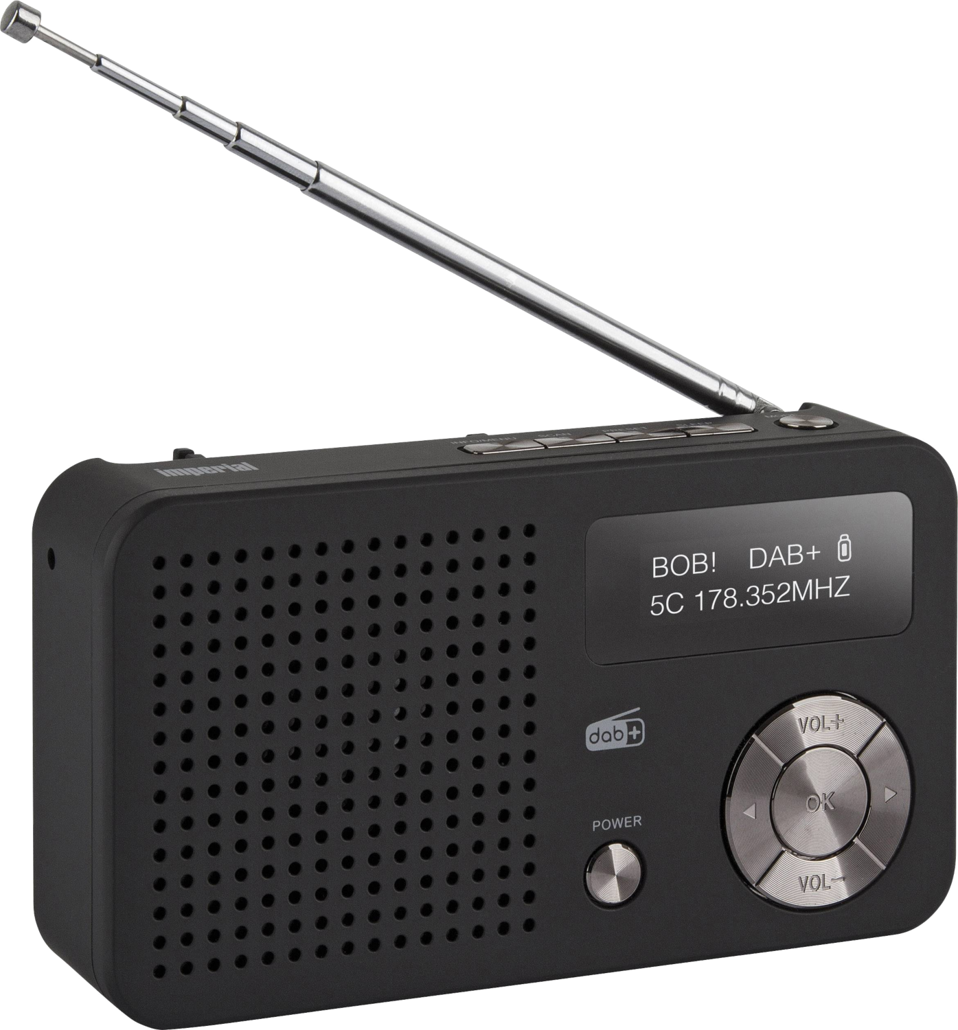Una radio DAB+ nera con antenna estesa e schermo LCD.