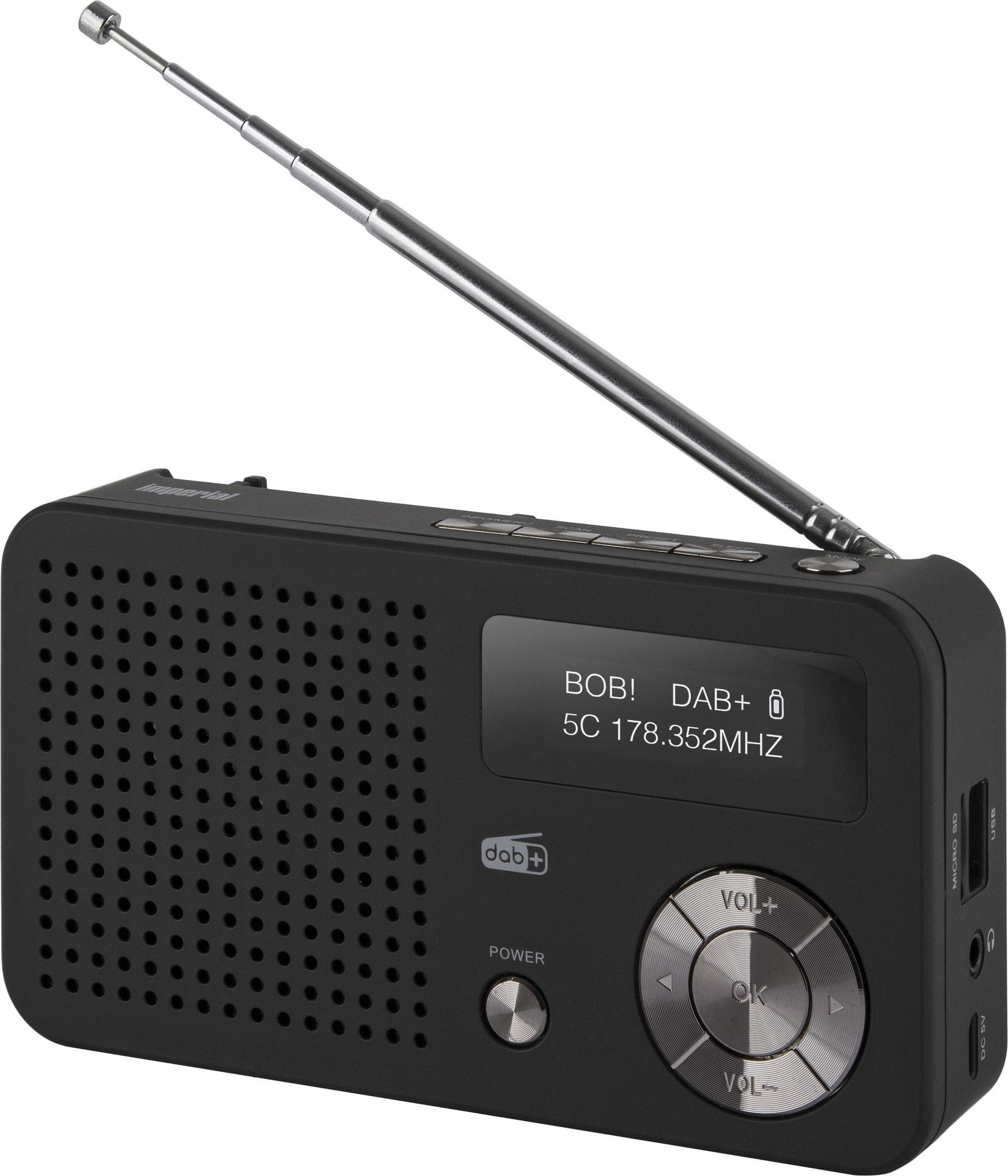 Radio DAB+ nera con antenna telescopica estesa e pulsanti argentati.