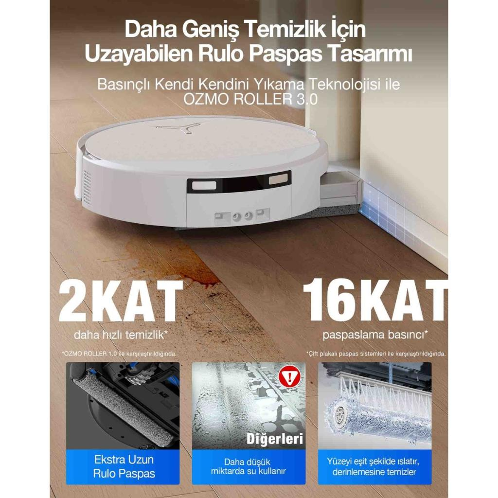 Beyaz robot süpürge, döner paspas aparatı ile ahşap zemini temizliyor.