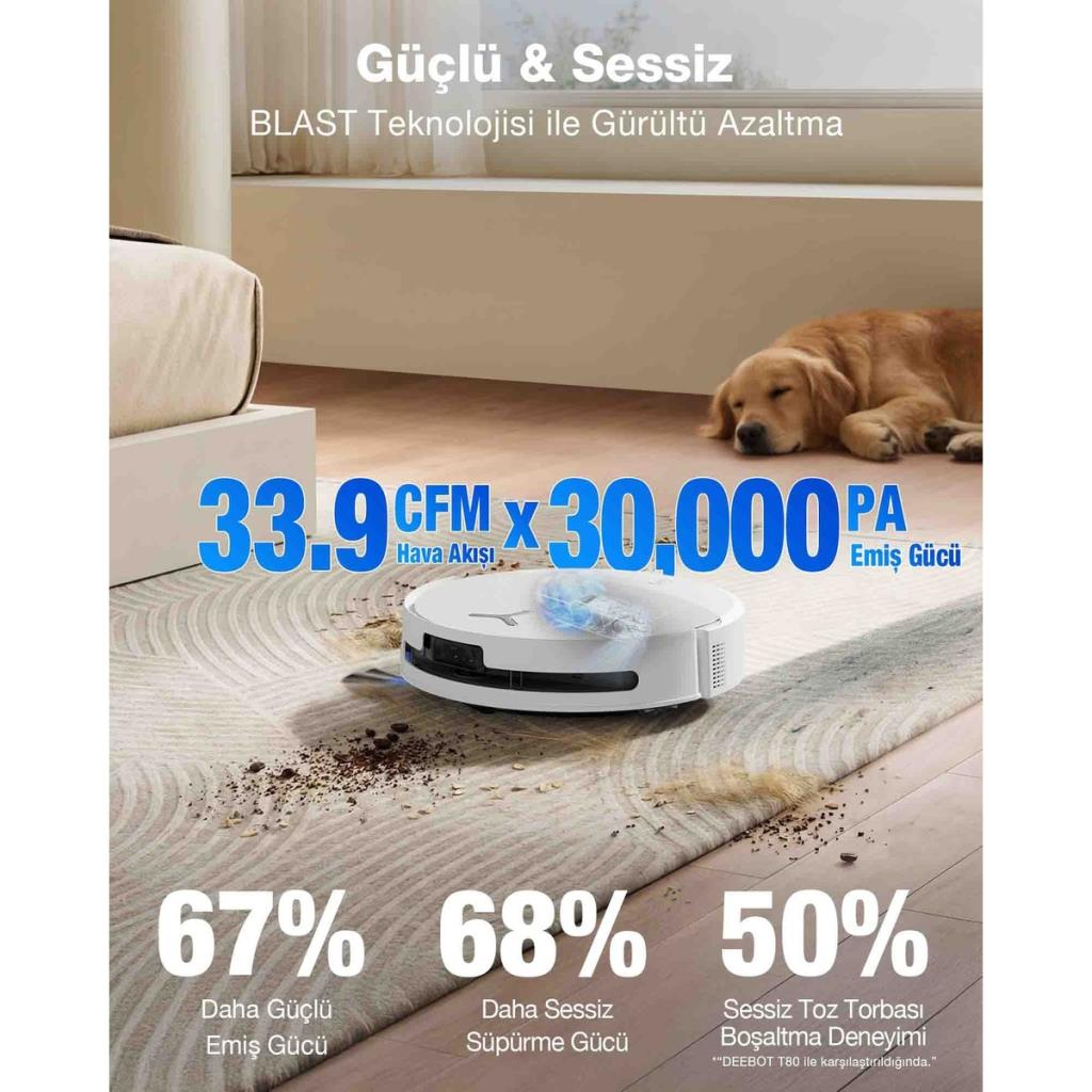 Bir köpek uyurken beyaz robot süpürge halı temizliyor.