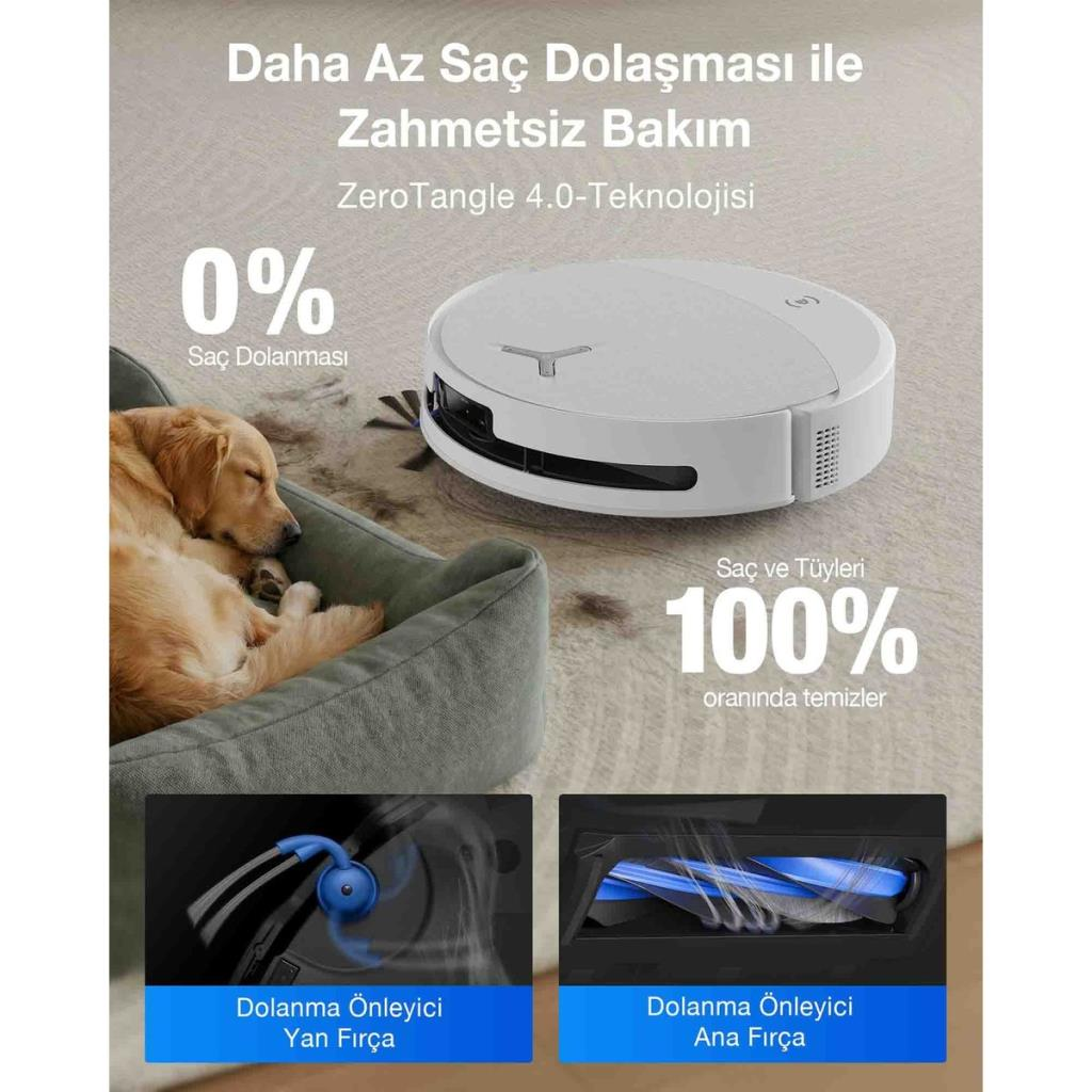 Robot süpürge saç ve tüyleri %100 temizler. Bir köpek uyuyor.