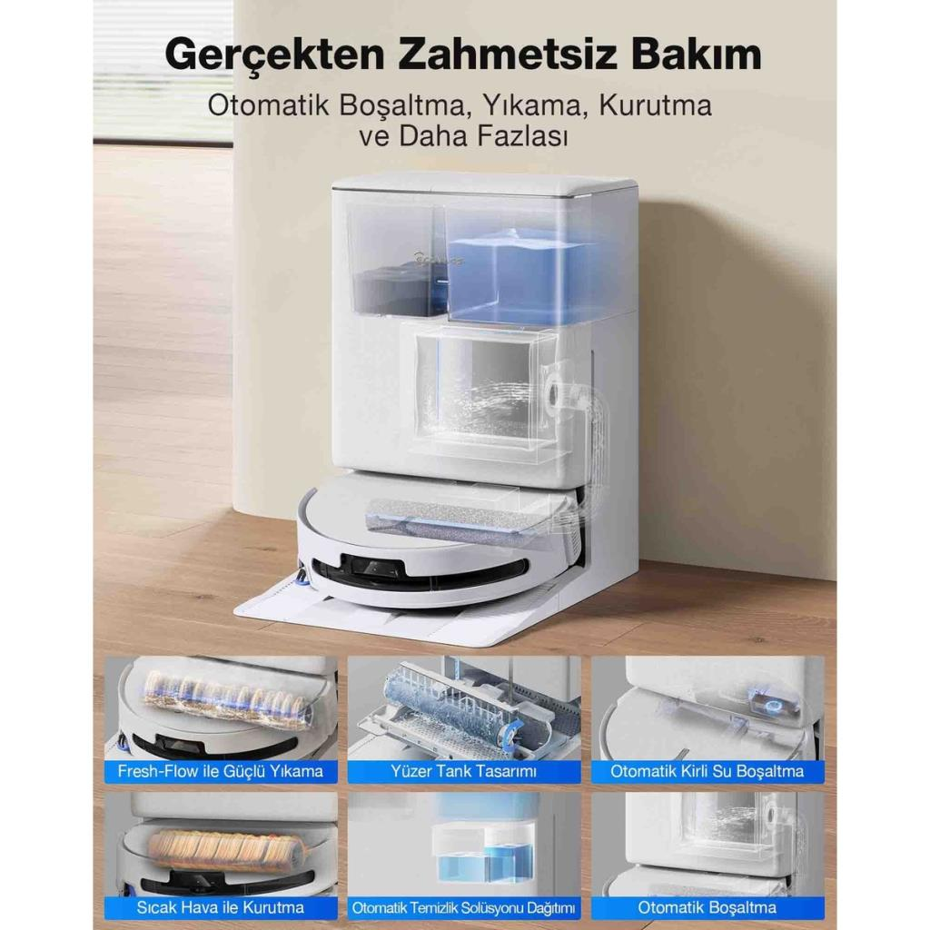 Su ve kir toplayan istasyonlu beyaz robot süpürge. Özellikler gösteriliyor.