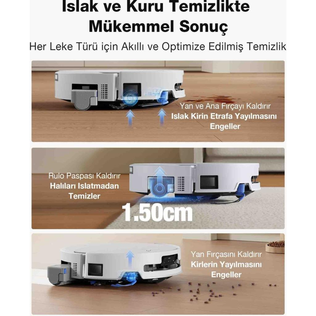 Robot süpürge, kirin yayılmasını önlemek için yan fırçaları kaldırır.