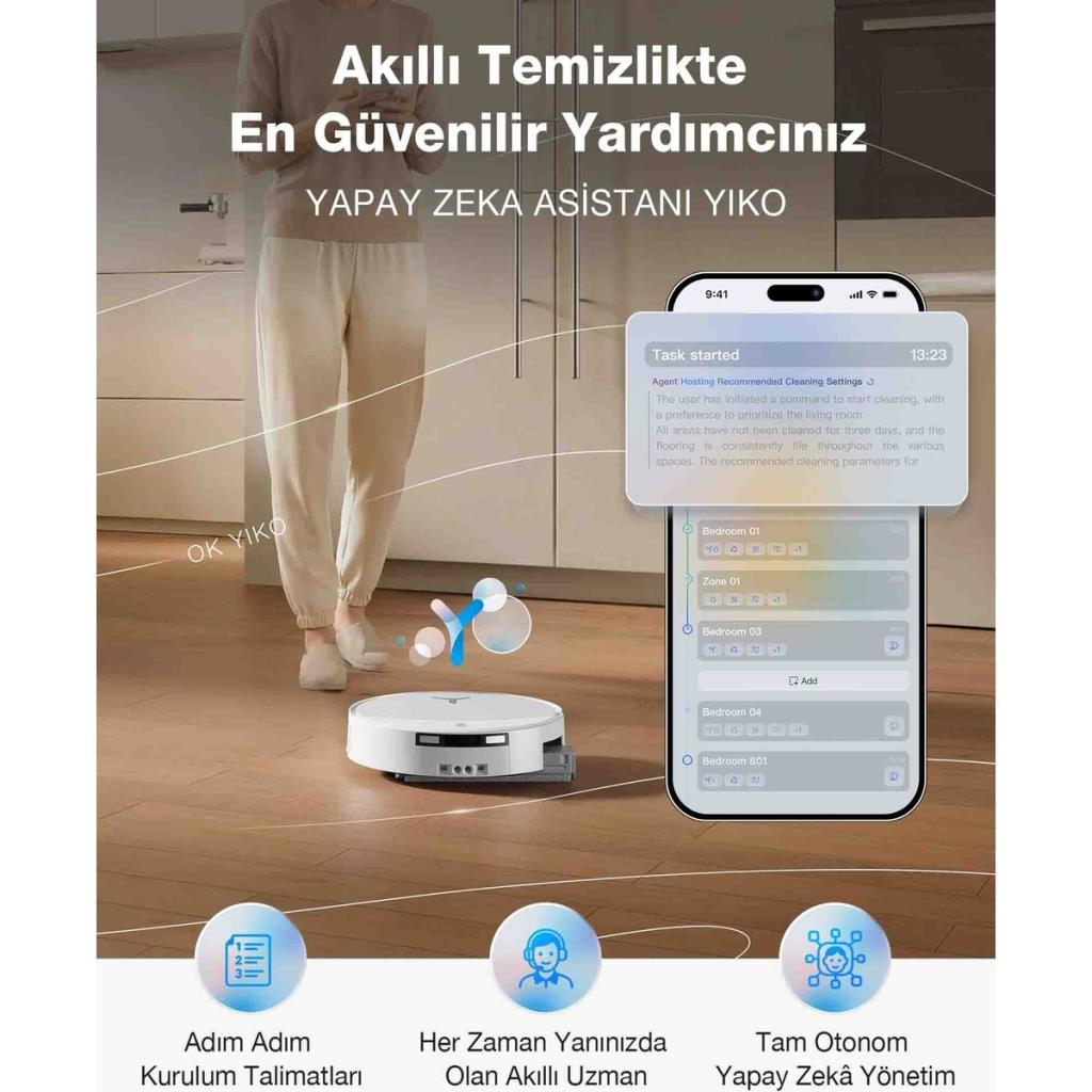 Bir kişi yakınında dururken robot süpürge zemini temizliyor. Mobil uygulama gösteriliyor.