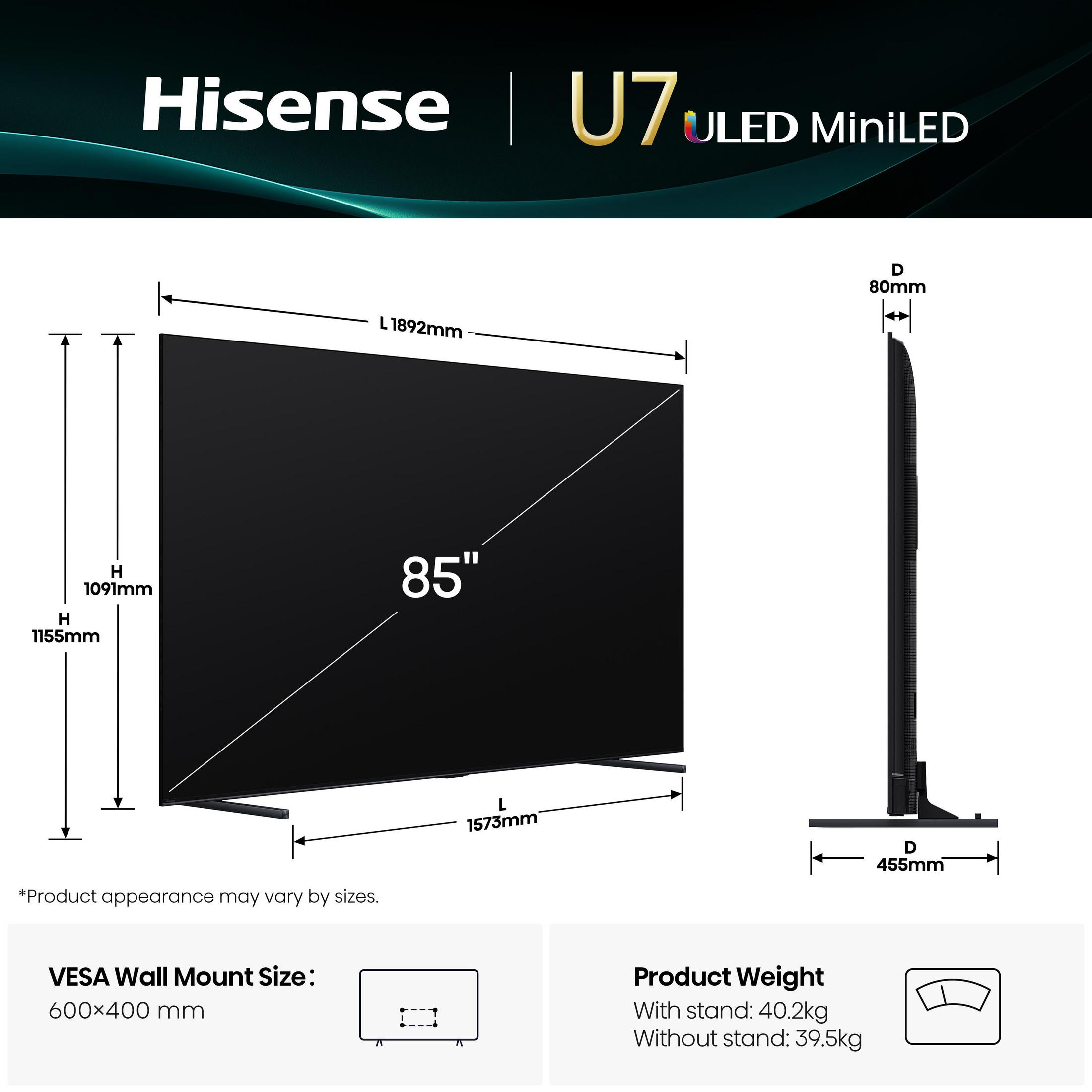Disegno tecnico di una TV Hisense U7 ULED MiniLED da 85 pollici con dimensioni.
