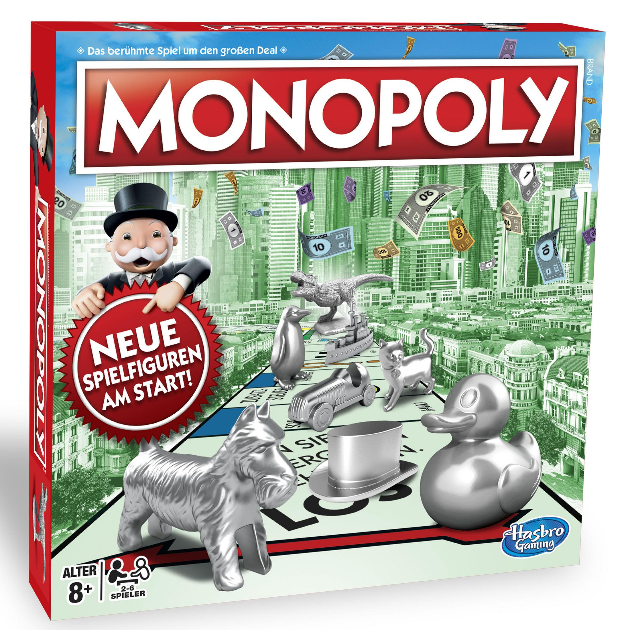 Monopoly-Spielbrett mit Spielfiguren wie Hund, Katze, Auto, Ente, Pinguin, Dino, Schiff.