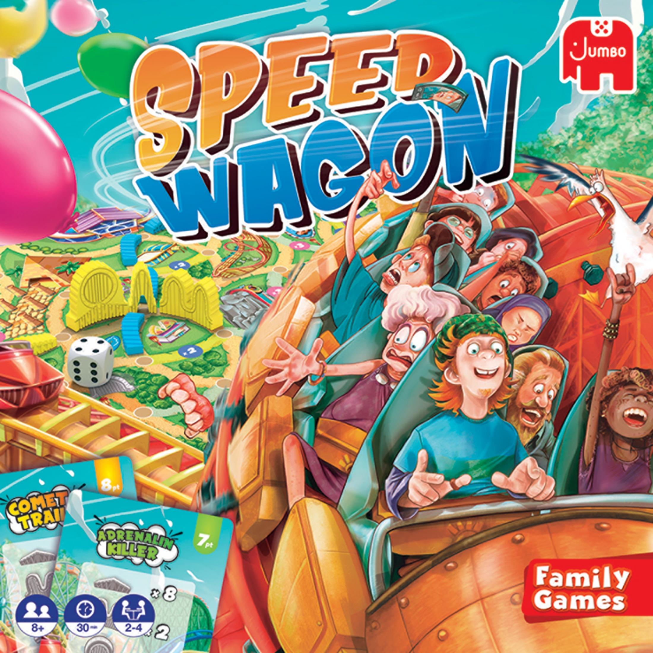 Gente en una montaña rusa titulada Speed Wagon, rodeada de globos y tableros de juego.