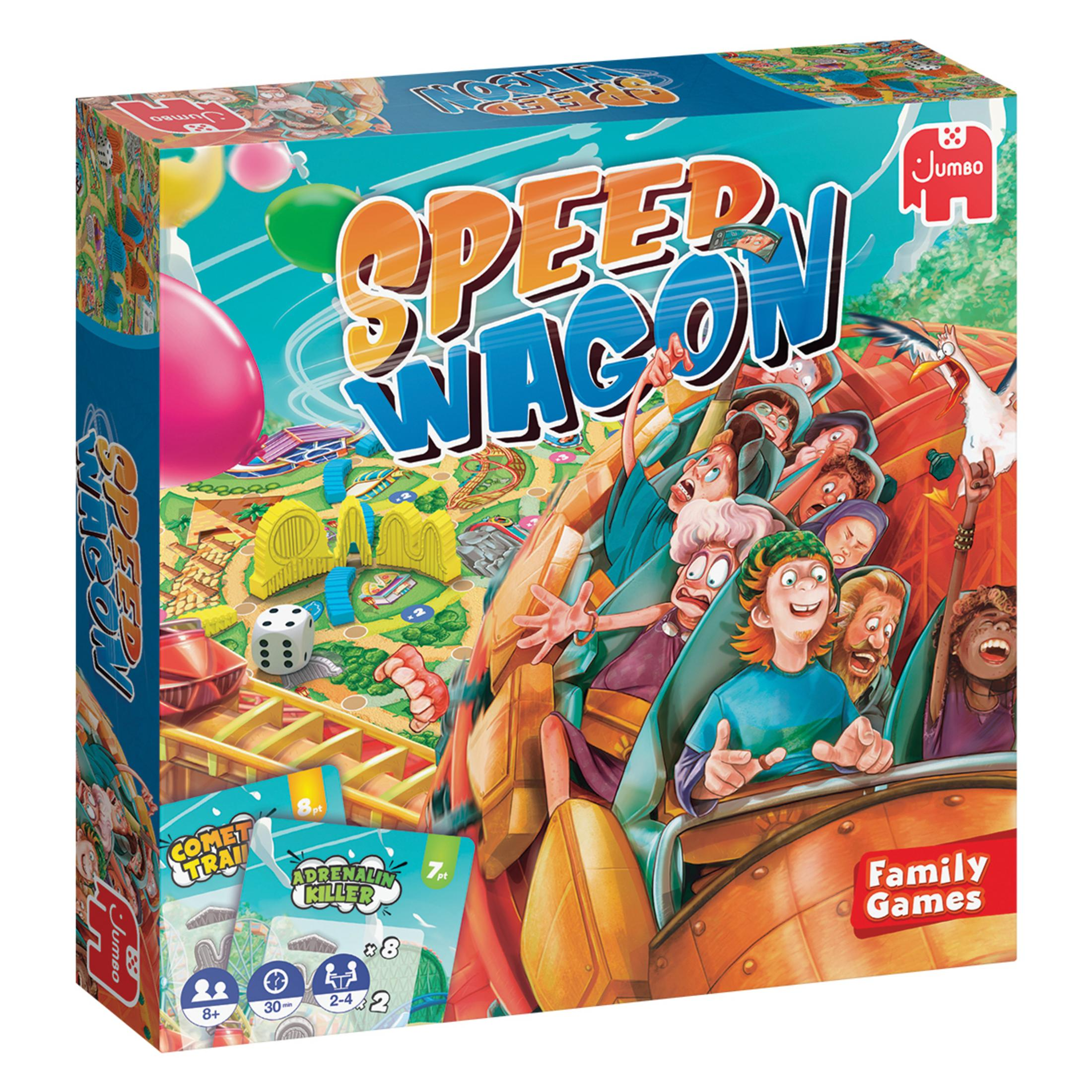 Caja de juego de mesa: Viaje en montaña rusa con caras divertidas y una gaviota.