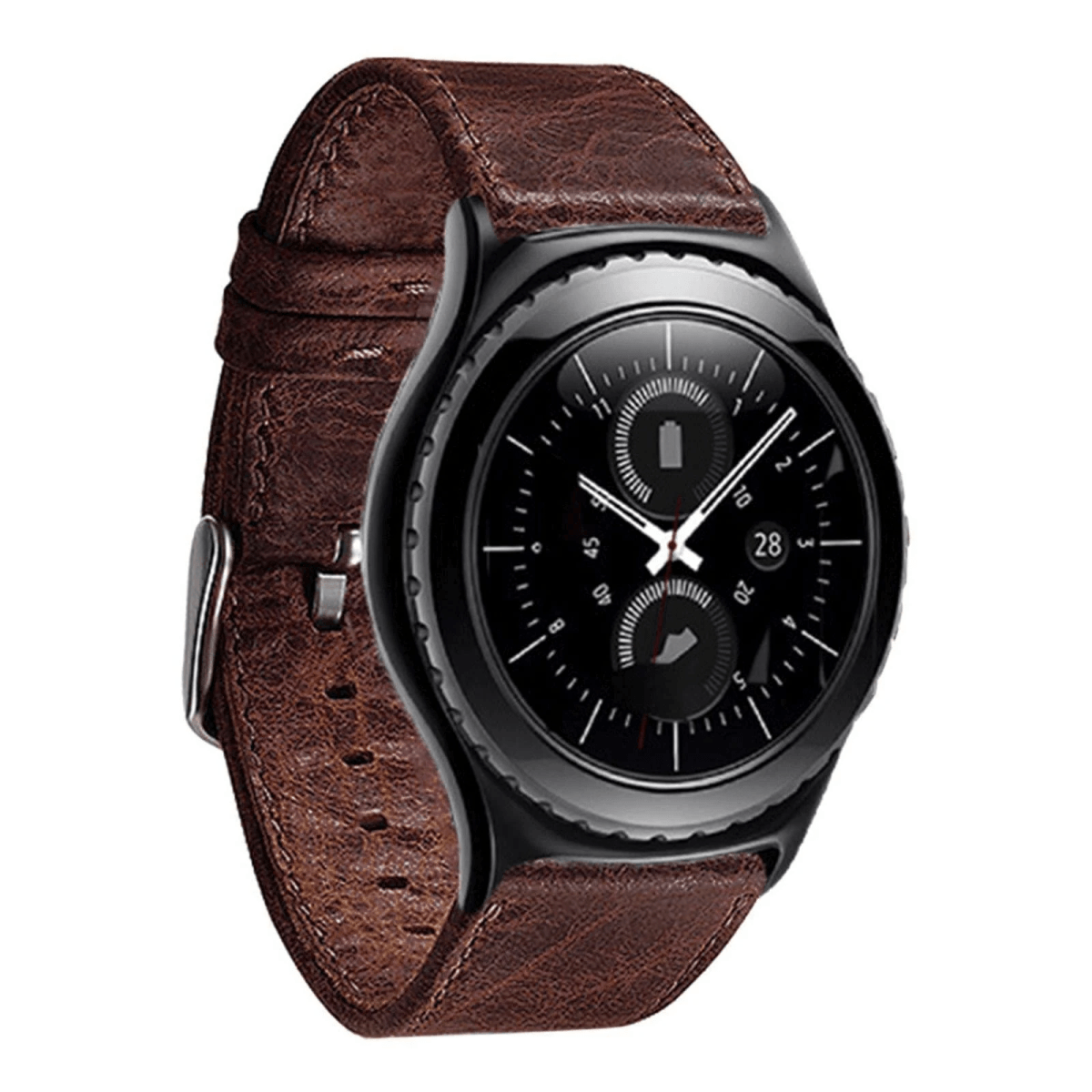 Schwarze Smartwatch mit braunem Lederarmband, rundes Zifferblatt mit digitalen Anzeigen.