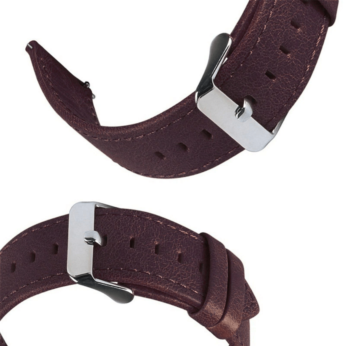 Dunkelbraunes Lederarmband mit silberner Schnalle, Nahaufnahme.