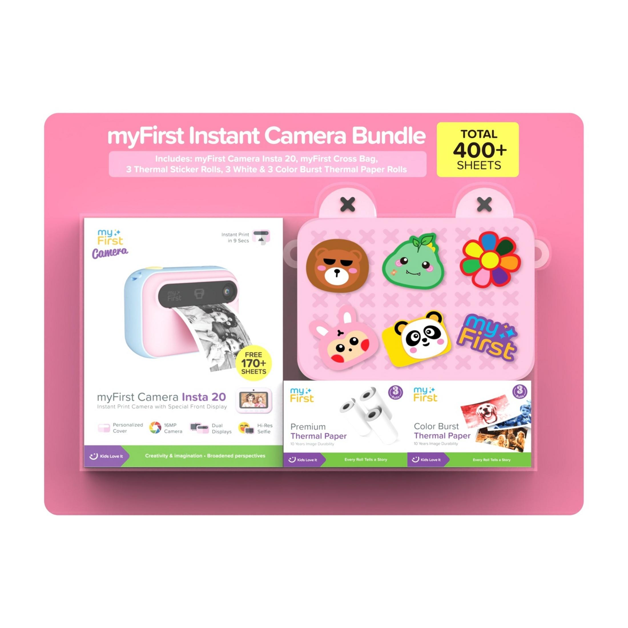 MyFirst Instant Camera Bundle mit Insta 20, Tasche, Stickerrollen und Thermopapier.