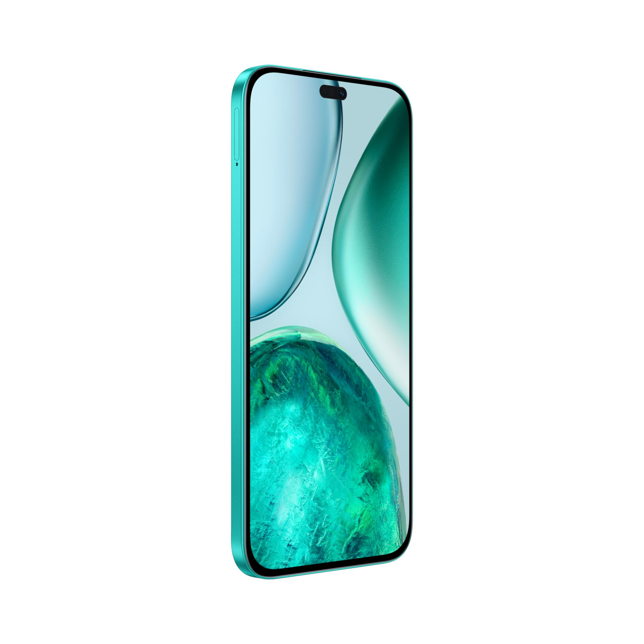 Un smartphone turquesa con muesca y fondo abstracto.